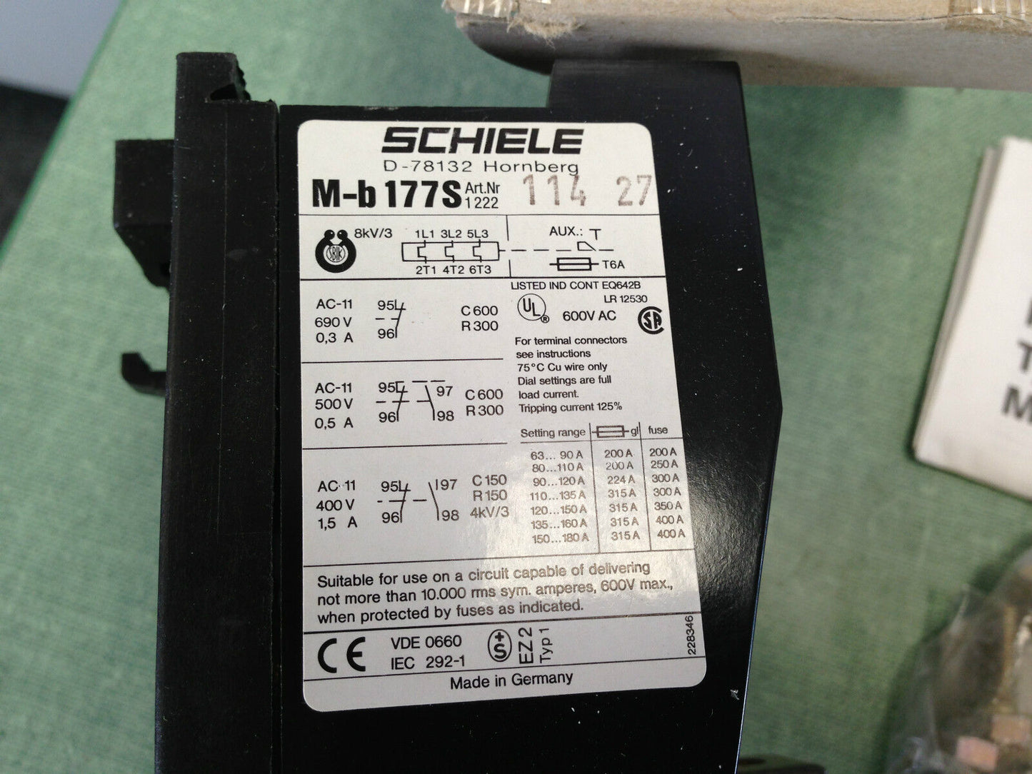Schiele M-B177s Thermal Overload Relay,150-180 Amps,1222 114 27 D-78132 315A,To