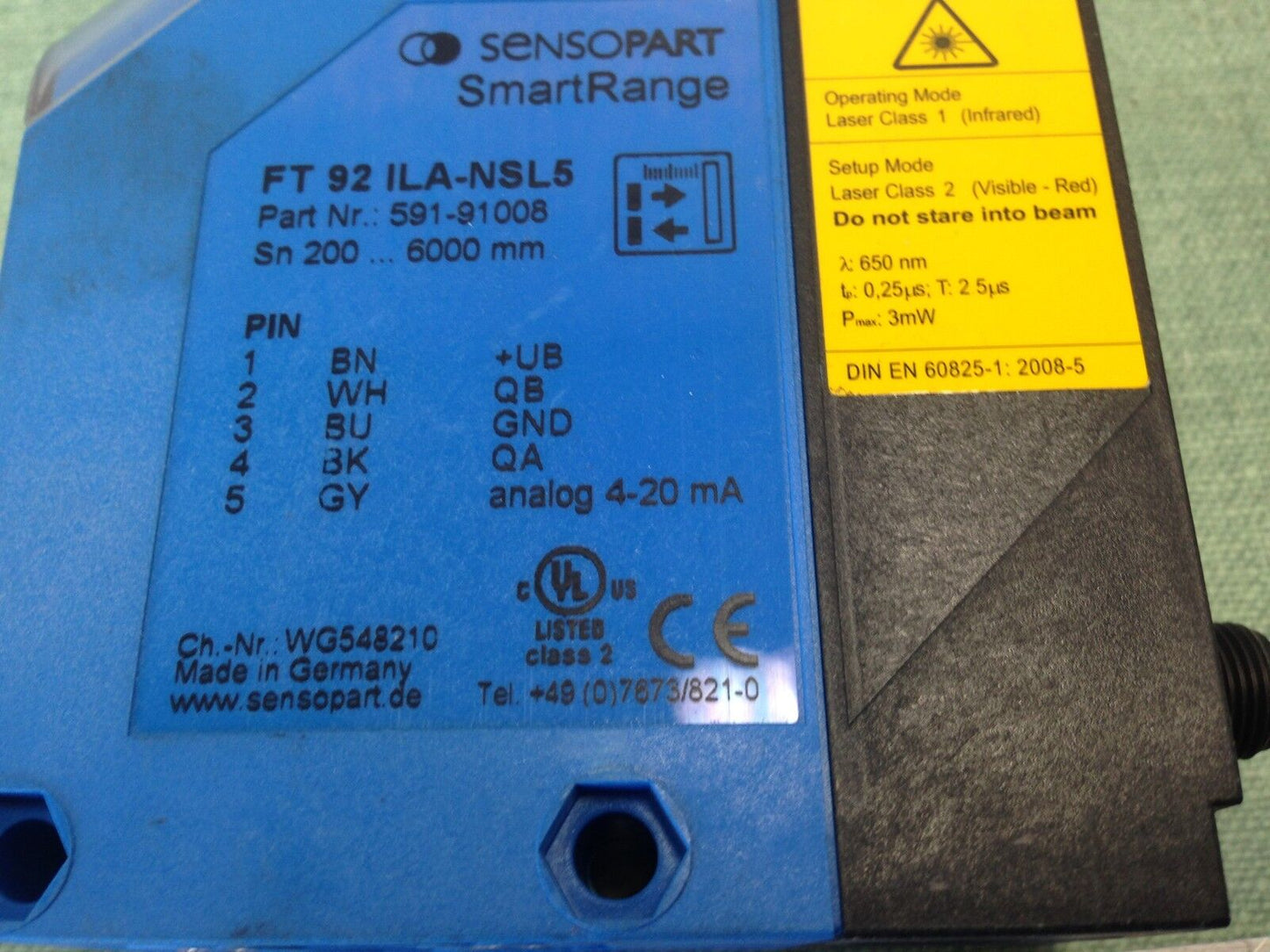 New Sensopart Ft 92 Ila-Nsl5 Smartrange Sensor, 591-91008 Range 200-6000Mm,Fb