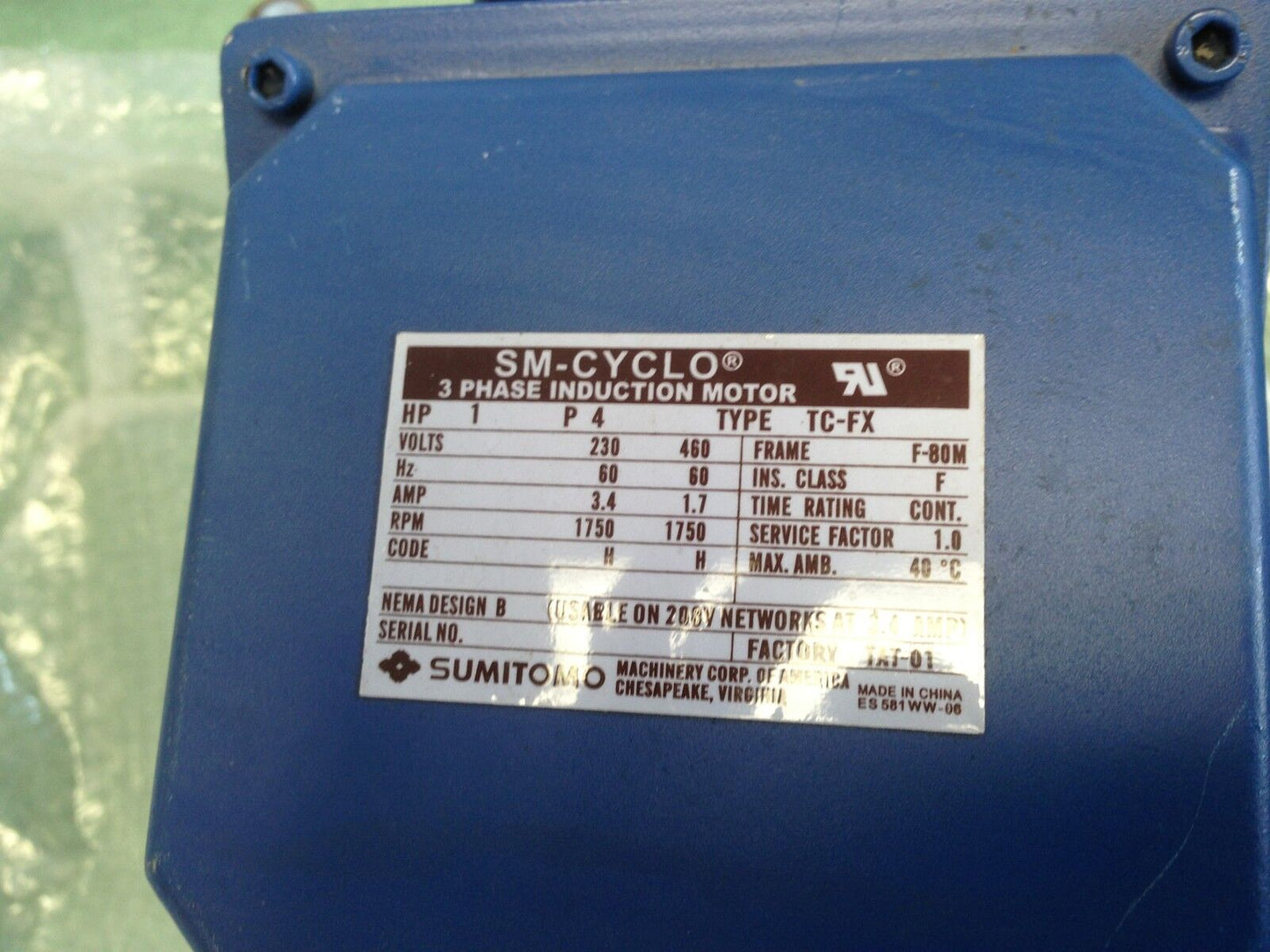 New Sumitomo Cnhms1-6095Yc-17,Tc-Fx Sm-Cyclo 6000 1Hp Induction Motor,Ta
