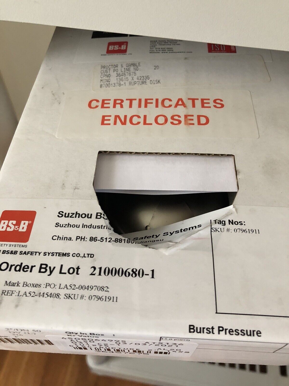 New 2" Dv (L),Bs&B Safety Systems 21000680-1 Rupture Disk,07961911,Ec