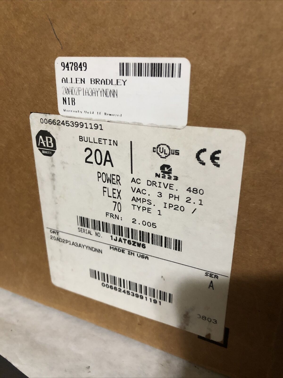 New Allen Bradley Pf70, Ac Drive,Powerflex 70, 3 Ph, 20A D 2P1a 3 Ayyndnn,Fc