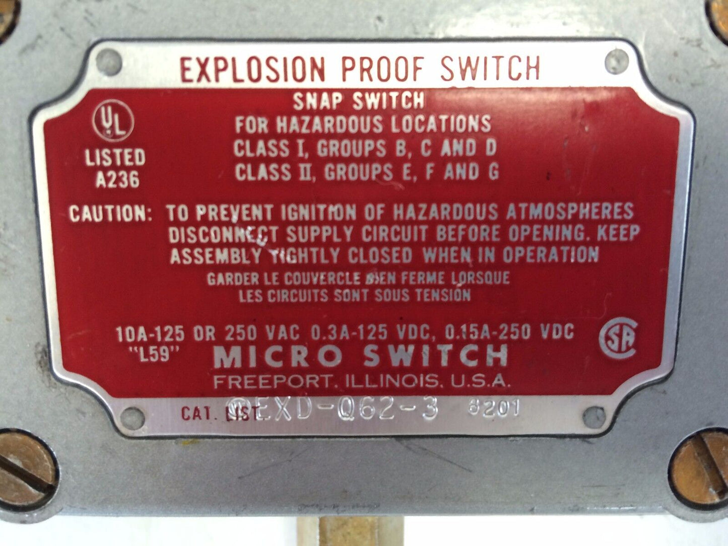 Micro Switch Exd-Q62-3  8201, Explosion Proof Enclosed Basic Switch,Cv