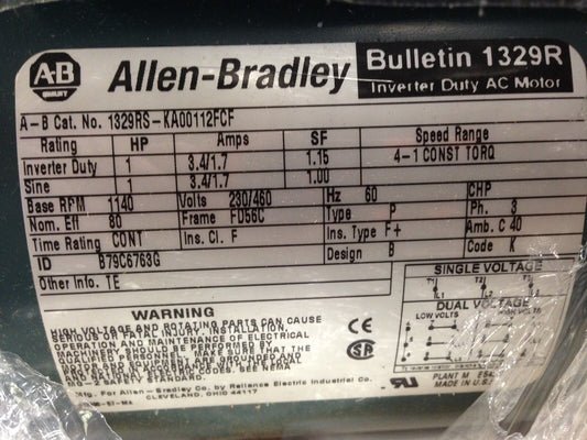 New Allen Bradley 1329Rs-Ka00112fcf 3Phase Motor 1Hp,Bulletin 1329R,Tb