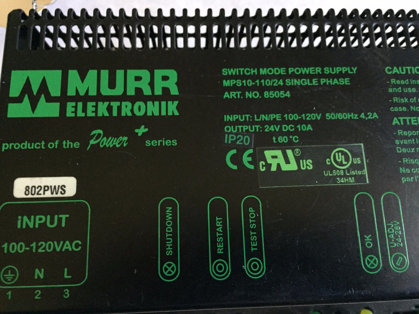 Murr Electronik Mps10-110/24 Single Phase,85054 Switch Mode Power Supply,Cx