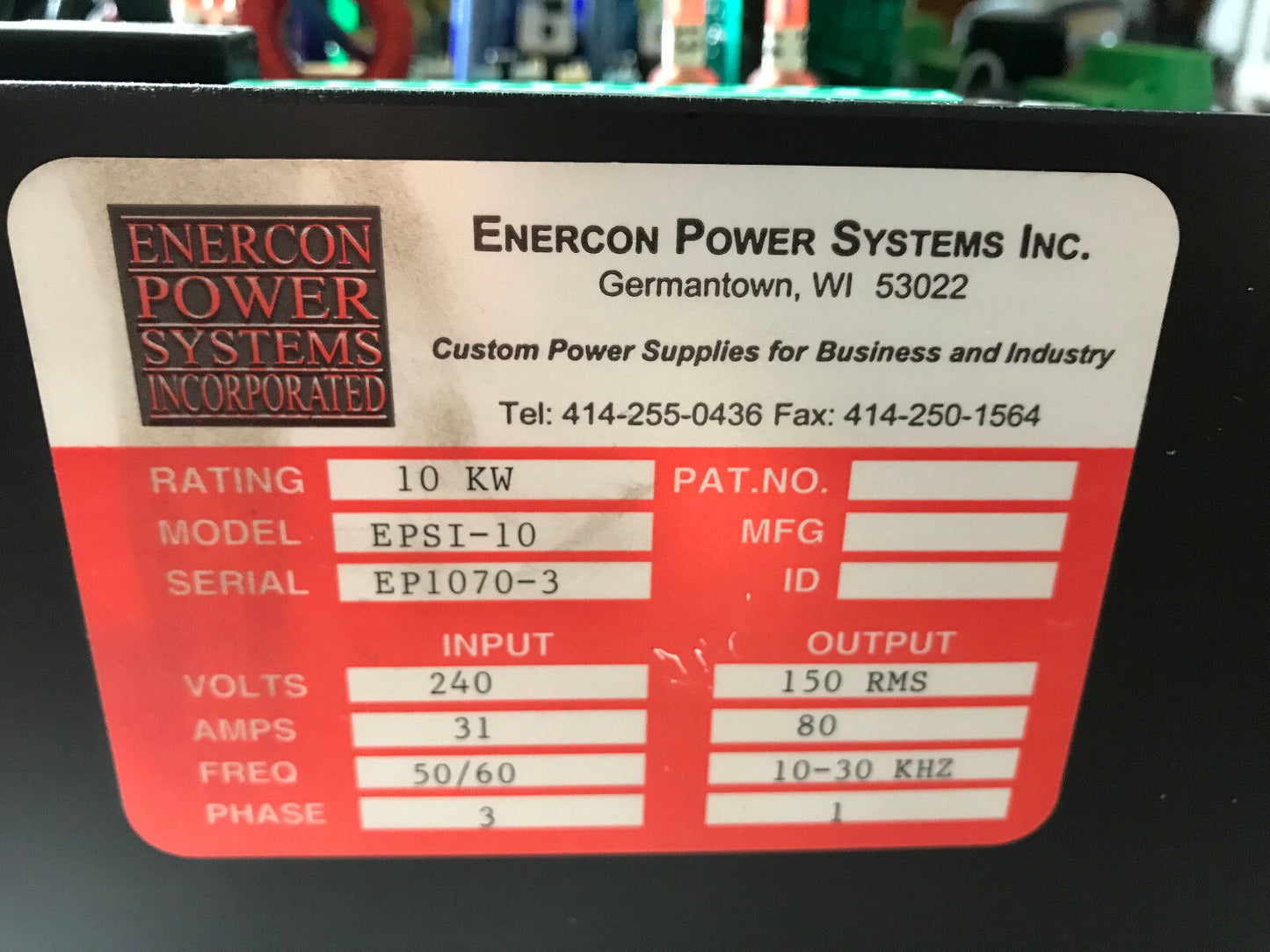 New Enercon Power Epsi-10 Ozone Generator Power Supply,10 Kw, Fd51000-01,Ap