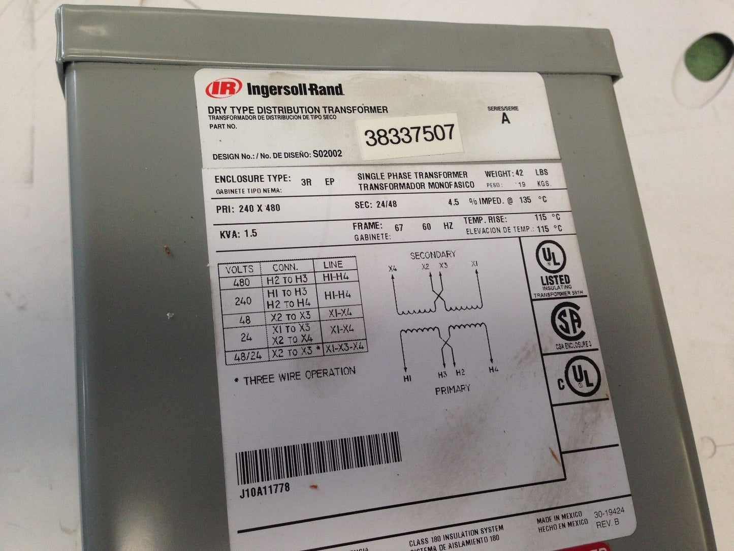 New Ingersoll Rand 38337507 Dry Distribution Transformer,1.5 Kva,240/480 Vac,Dh