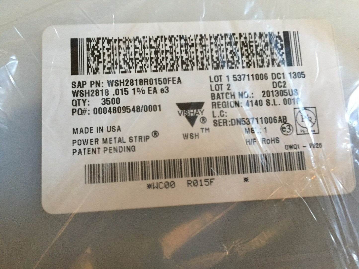 New Lot 3301 Vishay Wsh2818r0150fea Dale Resistor, 2818, R015, 5W,1% ,Ei