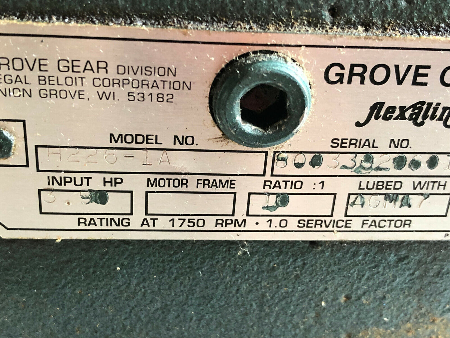 Grove Gear H226-1A Flexaline H226-Ia Gearbox,10:1-Ratio,3.9-Hp Agma7,H226-Ta,Sk