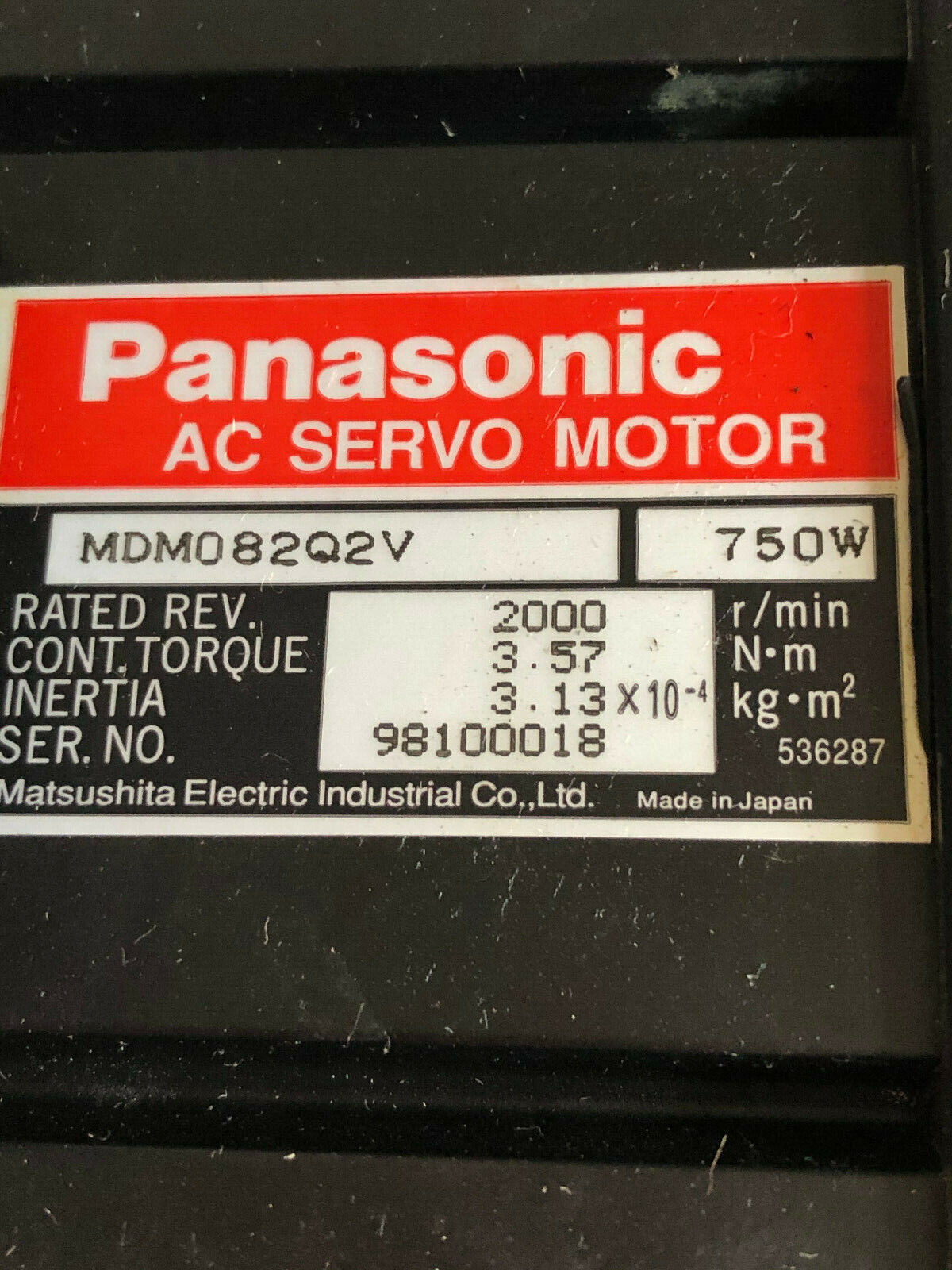 Panasonic Mdm082q2v Ac Servo Motor,Panasonic Mdmo82q2v,750W,2000,3.57,Aj