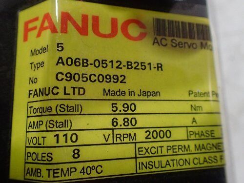 Fanuc A06b-0512-B251-R,Fanuc 5 Ac Servo Motor 110V 2000Rpm,Repaired,Bo