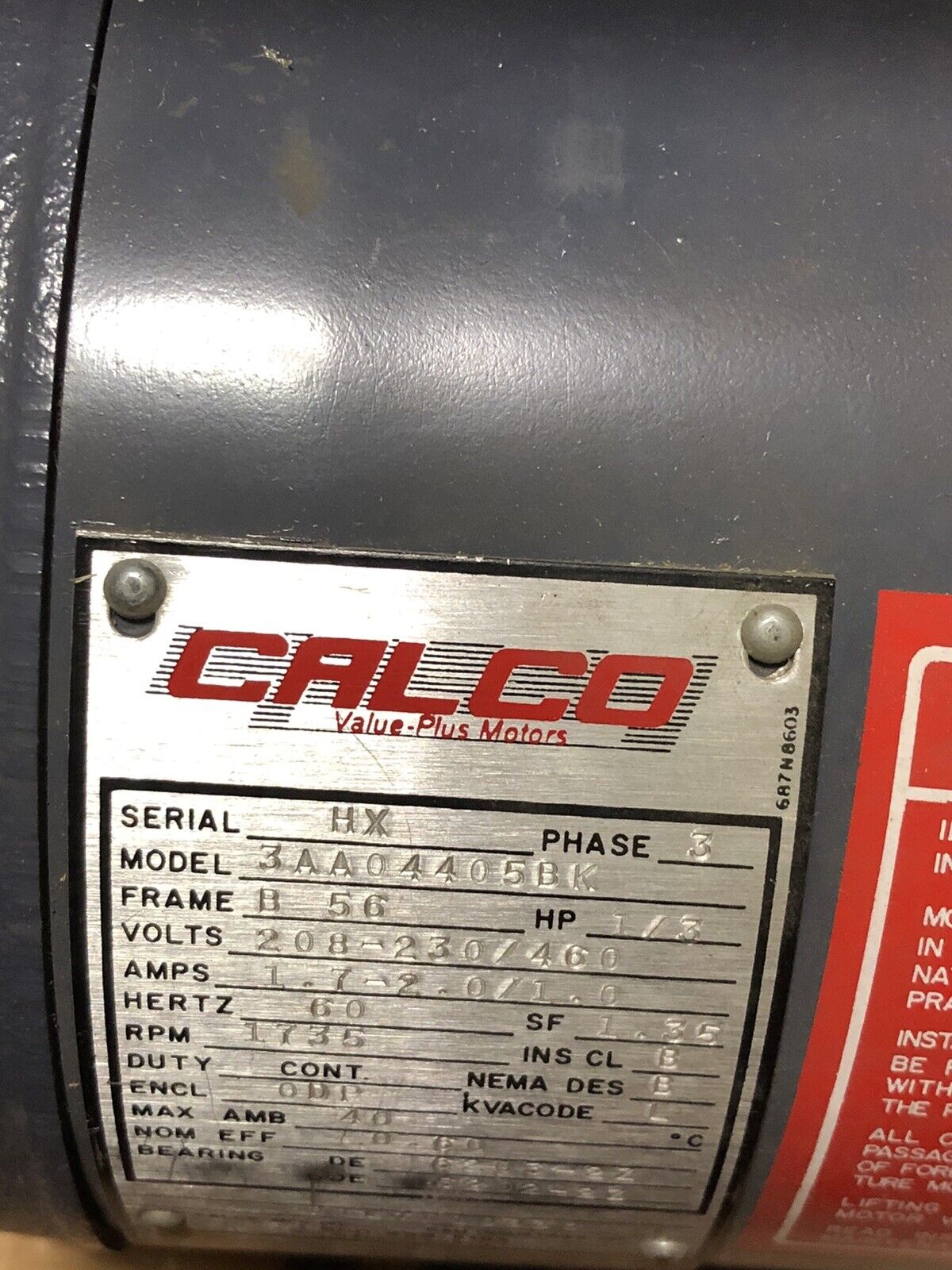 New 3Aa04405bk Calco Motors Motor Ac 1735Rpm 3Phase Xb56/Ca 1/3Hp,B 56,208V,Eg