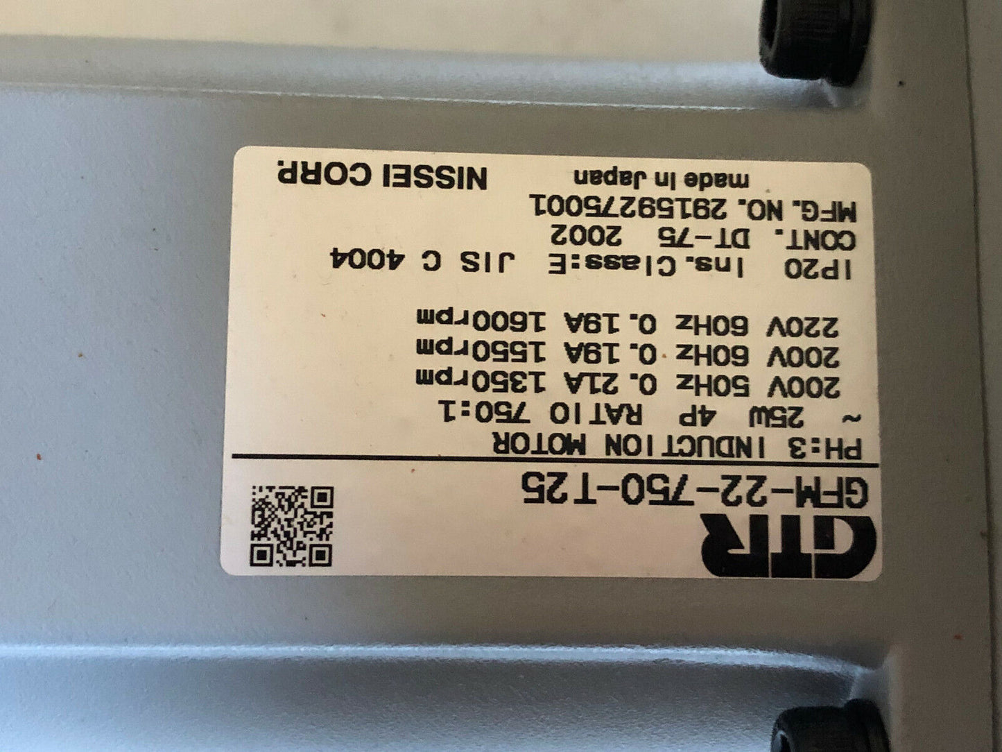 New Ctr Gfm-22-750-T25 3 Phase Induction Motor,25W 4P Ratio 750:1 Ratio,4P,Ek