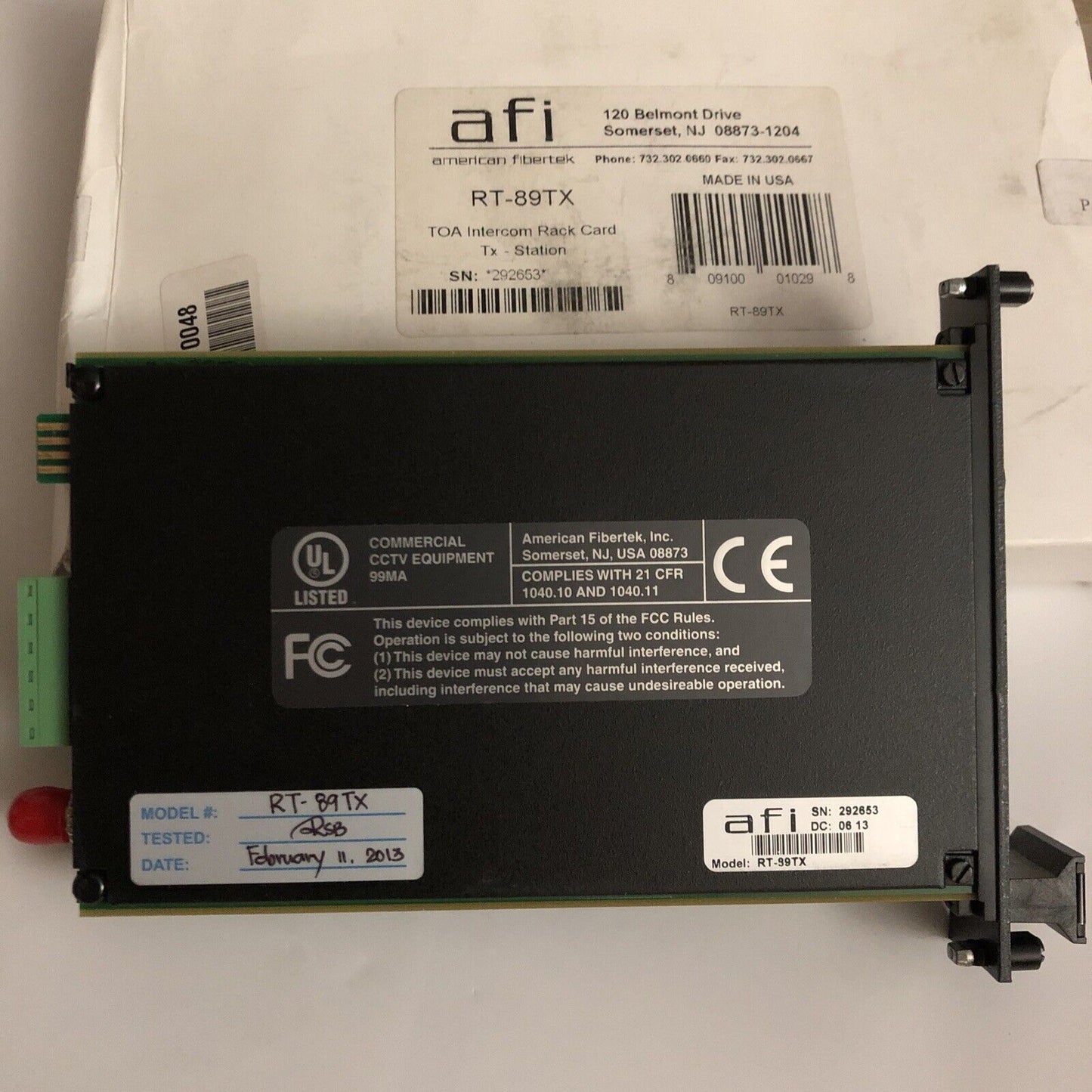 New Af Rt-89Tx,American Fibertek Rt-89Tx Intercom Rack Card,Afi Rt89tx,Bw