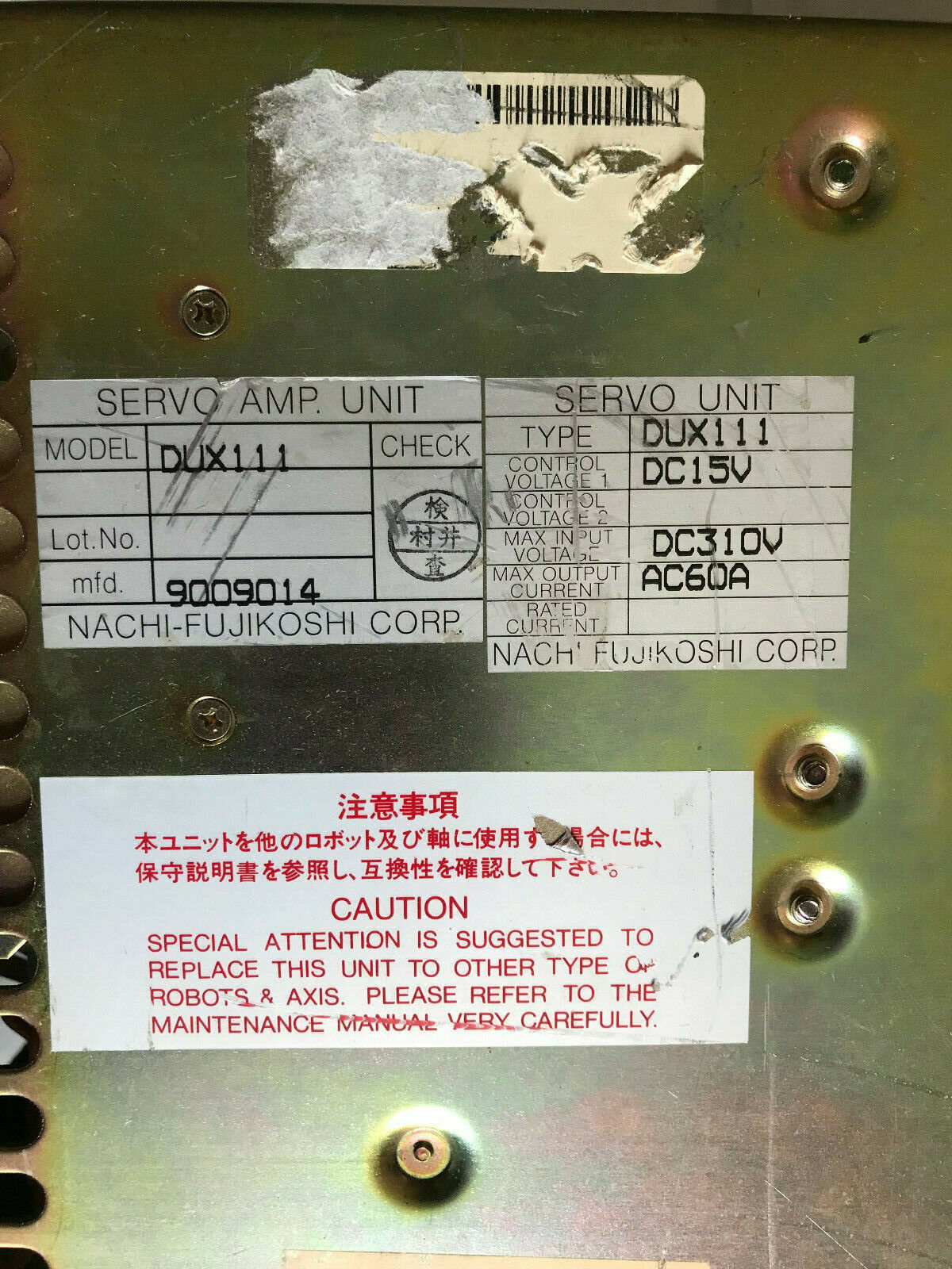 Nachi Dux111 Servo Amplfier 15Vdc 15/310V,Sm