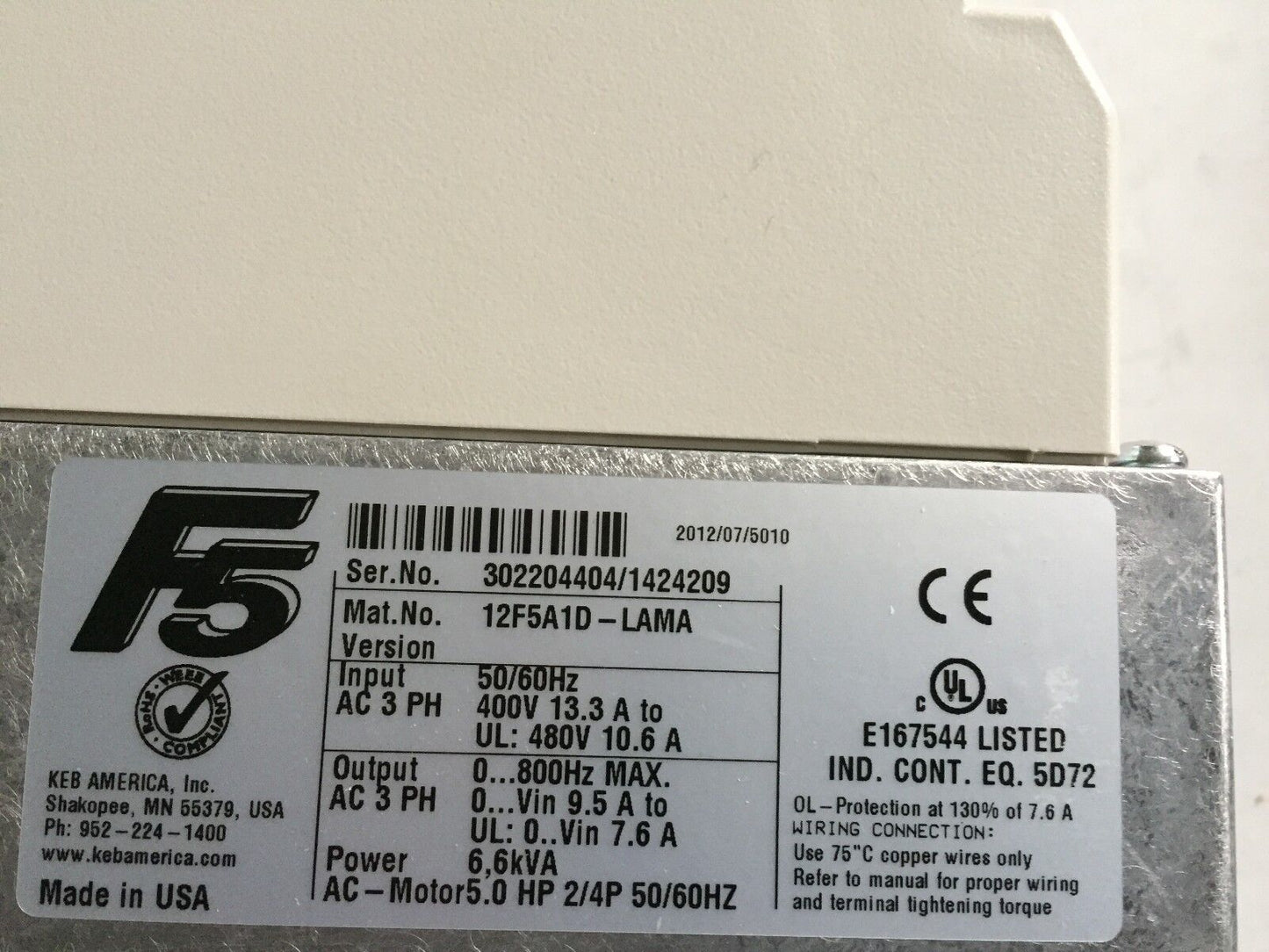 New Keb 12F5a1d-Lama Combivert F5 Drive  Power 6,6Kva Ac 5.0Hp 2/4P,Dg