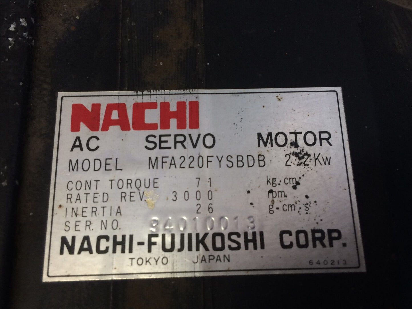Nachi-Fujikoshi Nachi Mfa220fysbdb Ac Servo Motor, 2.2 Kw, Rpm: 3000,Tb
