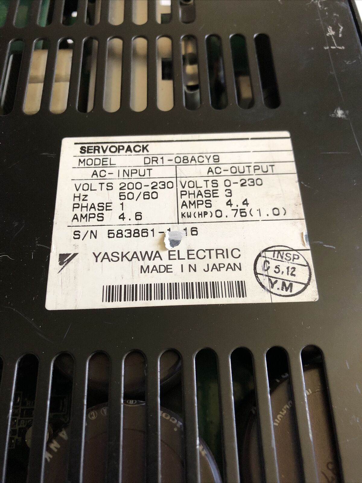 Yaskawa Dr1-08Acy9 Servopack 4.4Amp 0-230Vac 750W 1Hp 3Ph,Dr1-O8acy9,Ev