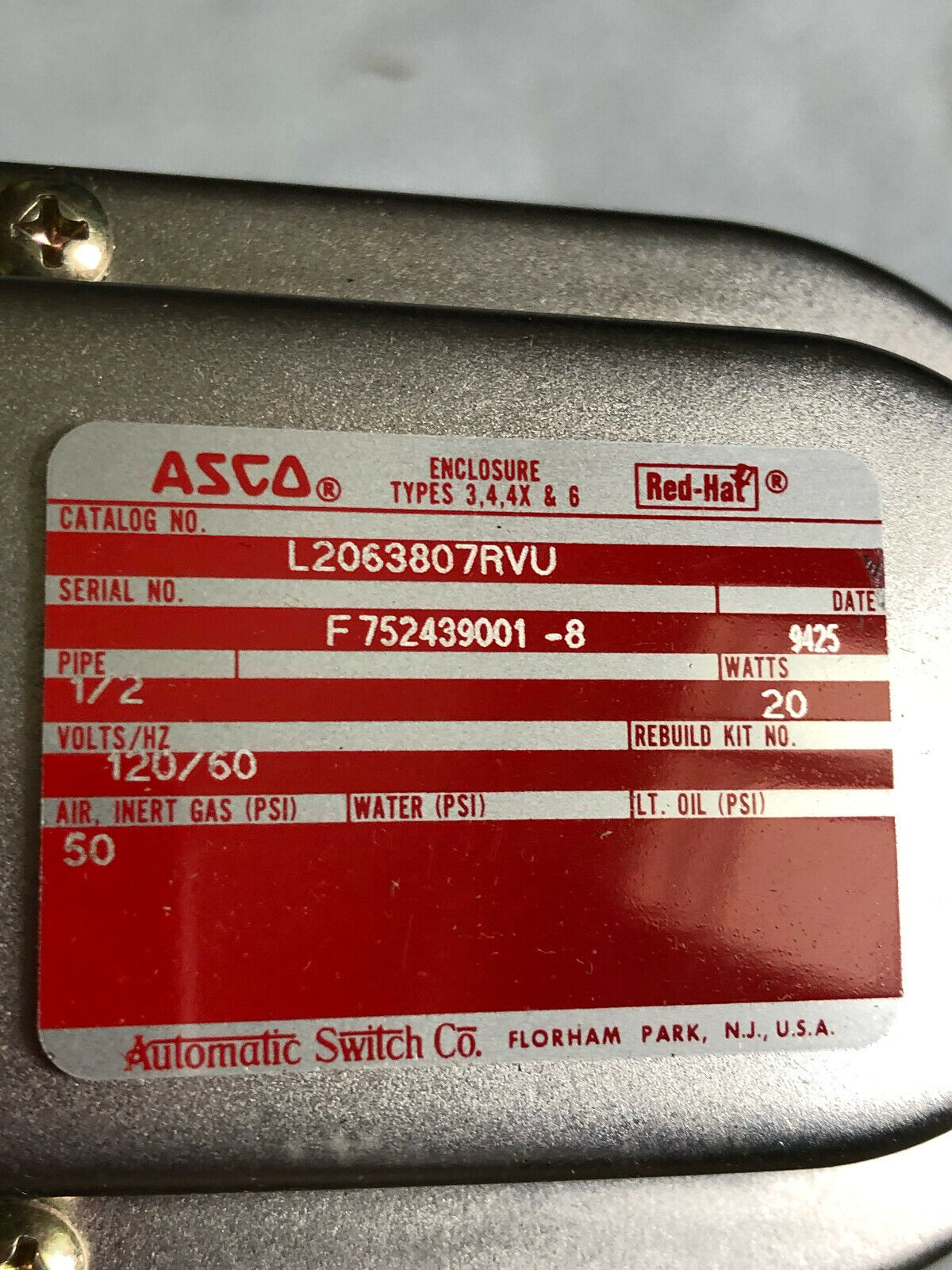 New 1/2" Asco L2063807rvu Solenoid Valve 120V 60Hz ,Asco L2063807rvu Valve,Cf