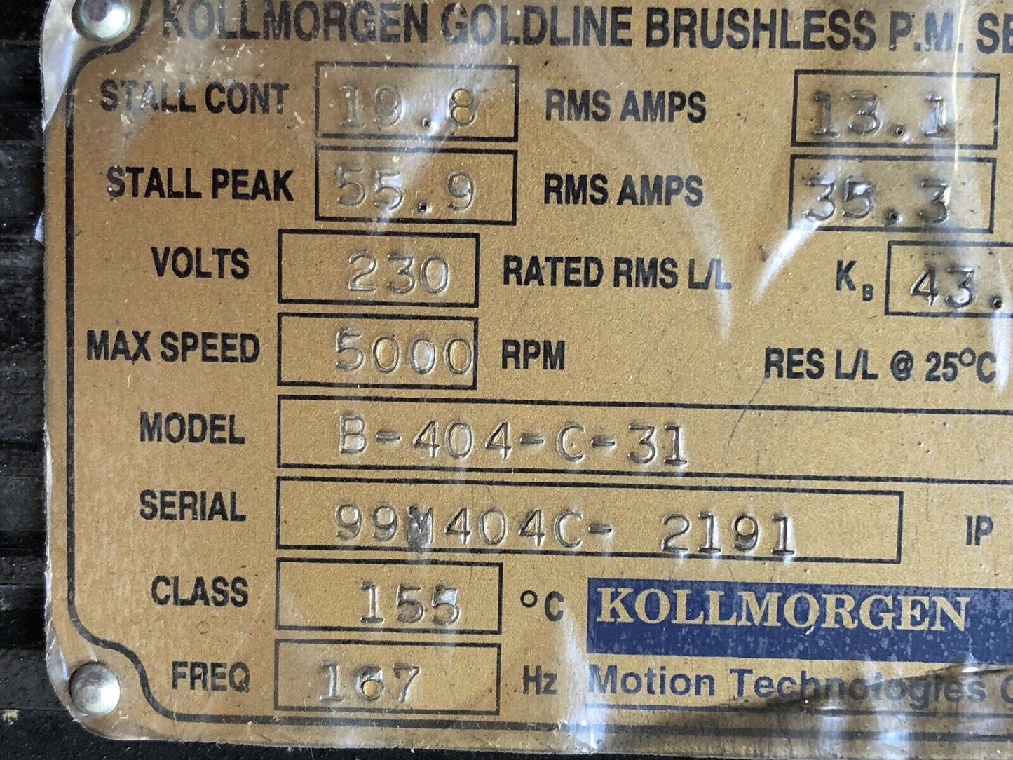 New Kollmorgen B-404-C-31 Goldline Ac Servo Motor, 230 Vac, 5000 Rpm,Th