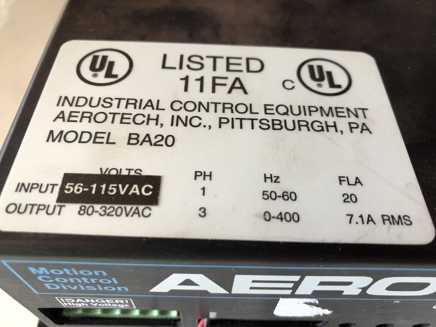 Aerotech Ba20-160 Servo Amplifier,3-Ph,0-400Hz, 7.1A Rms Industrial Ba20,Em