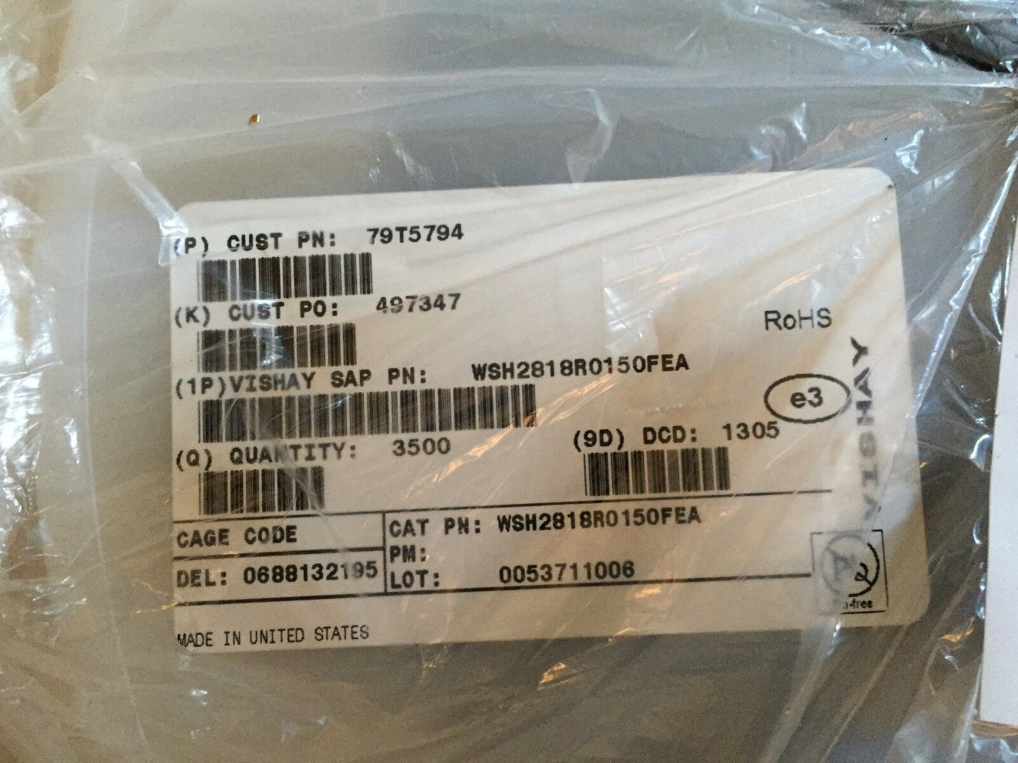 New Lot 3301 Vishay Wsh2818r0150fea Dale Resistor, 2818, R015, 5W,1% ,Ei