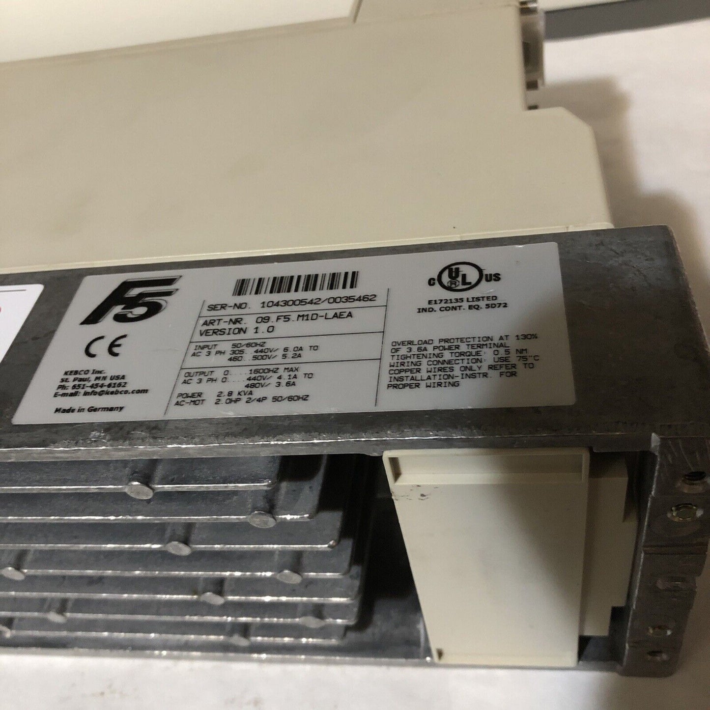 Keb Combivert F5, 09.F5.M1d-Laea Version 1.0,3Ph Inverter Drive 2.8 Kva,Bf
