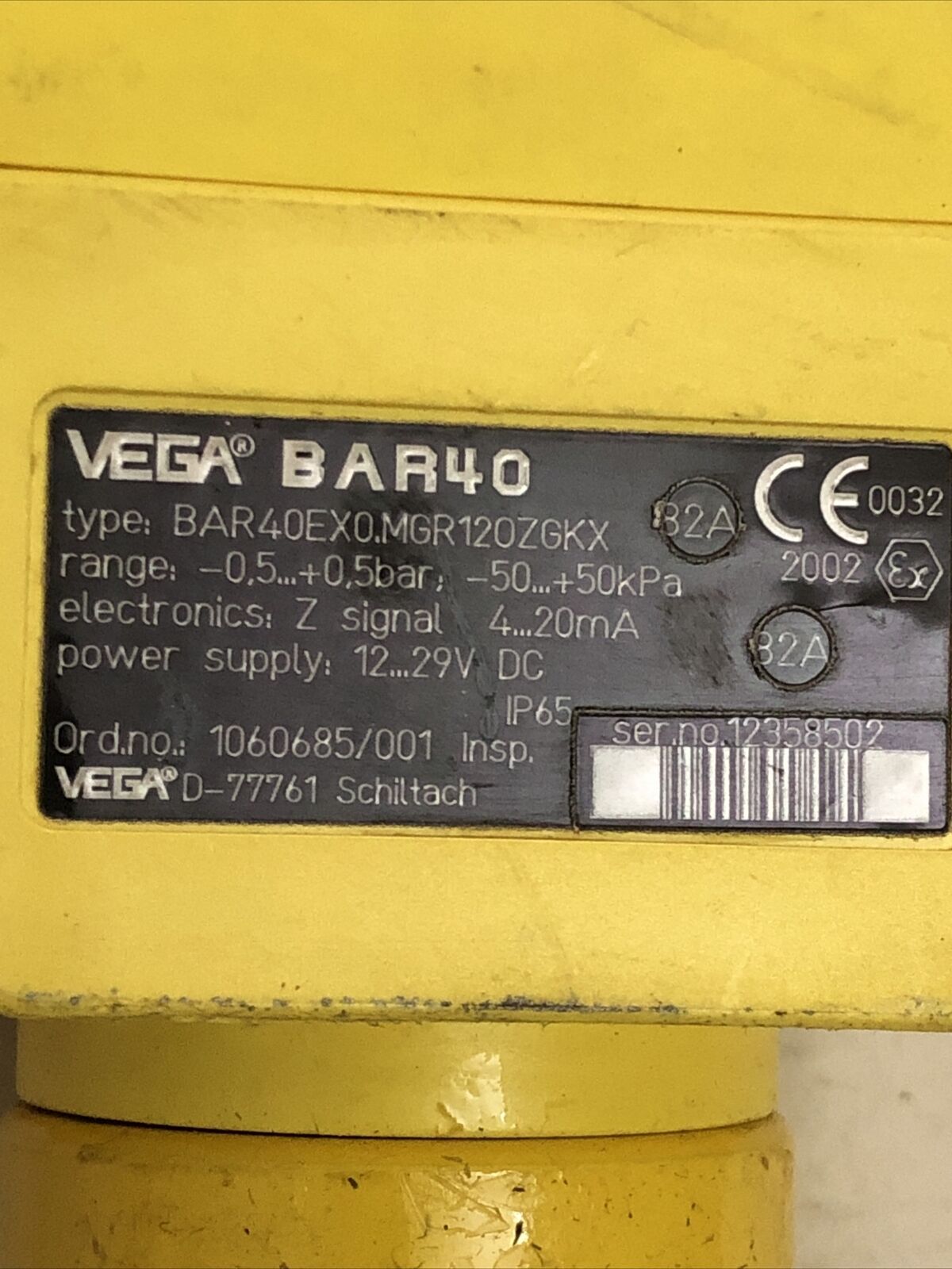 Vega Bar40 Pressure Transmitter Bar40ex0.Mgr120zgkx Ptb 99 Atex 2127X,1.4301,Cs