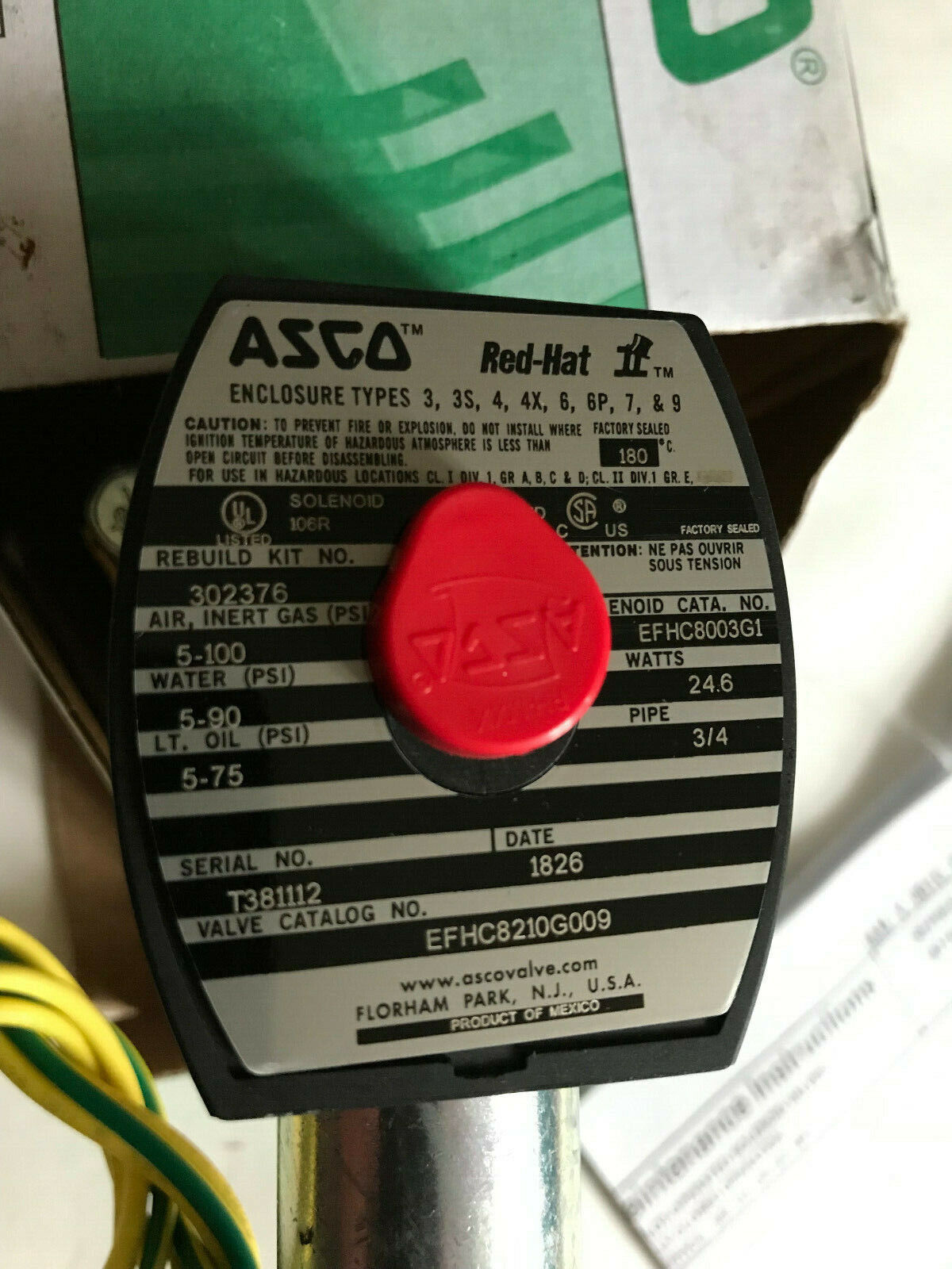 New Asco Efhc8210g009,302376 Solenoid Valve Mx140 250Vdc Red Hat Control 3/4",Aw