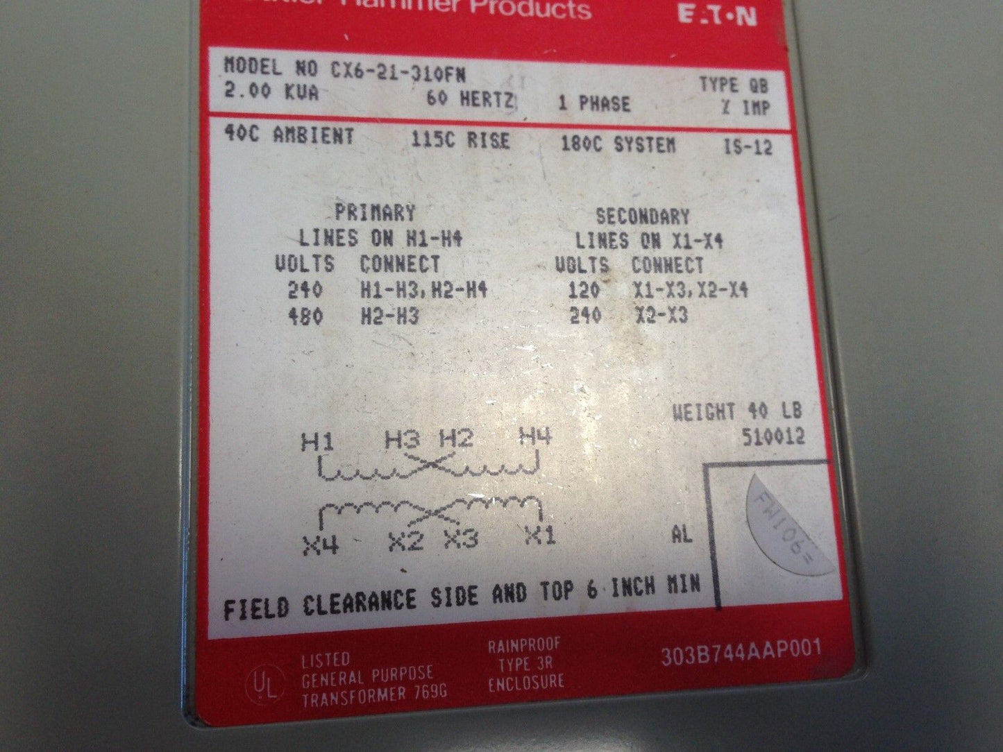 New Cutler Hammer Cx6-21-310Fn 2Kva 240X480v Pri 120/240V  Transformer,Eg