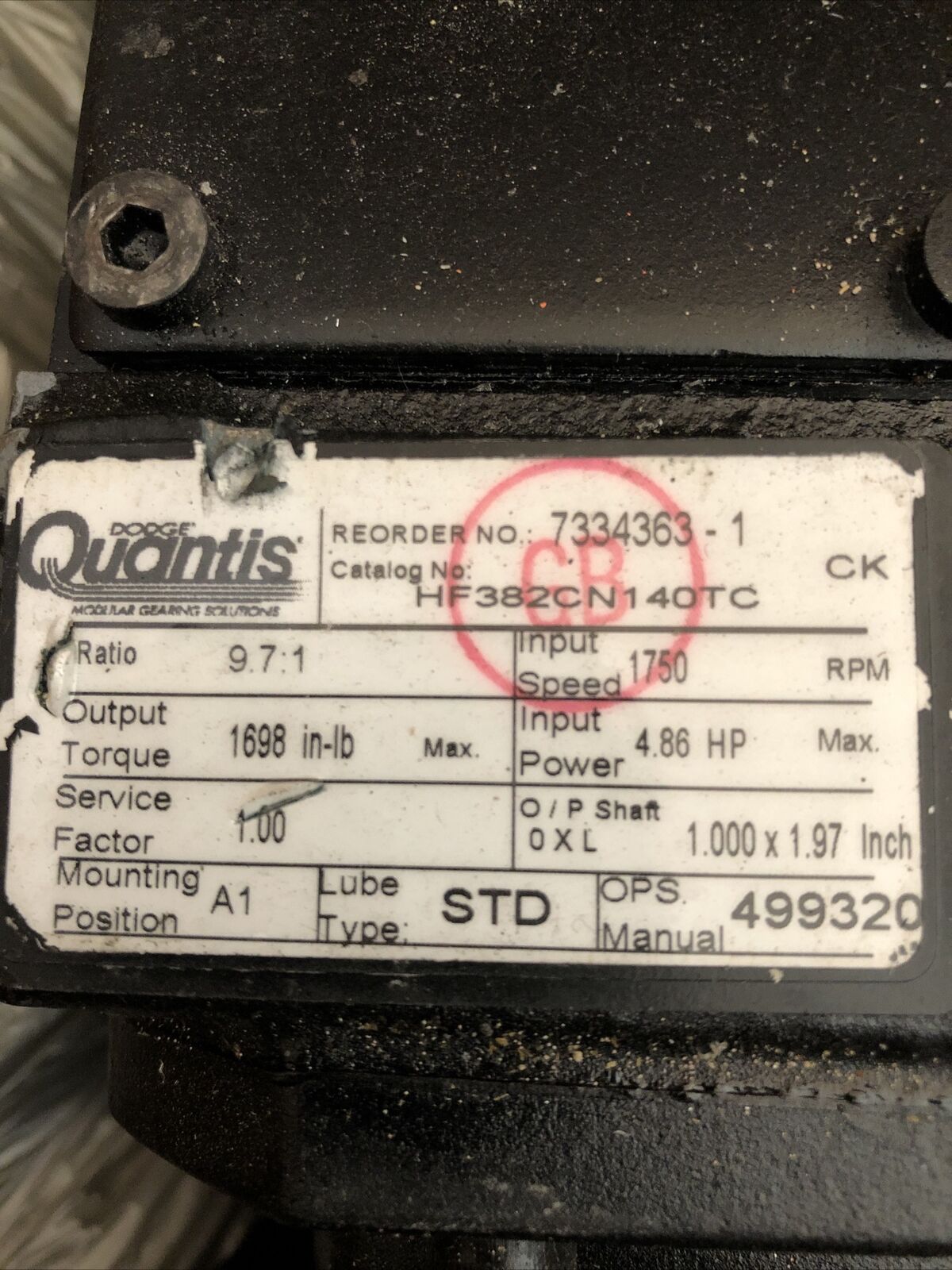 Dodge Hf382cn140tc Speed Reducer, Ratio: 9.7:1, Shaft Diameter: 1",Bc