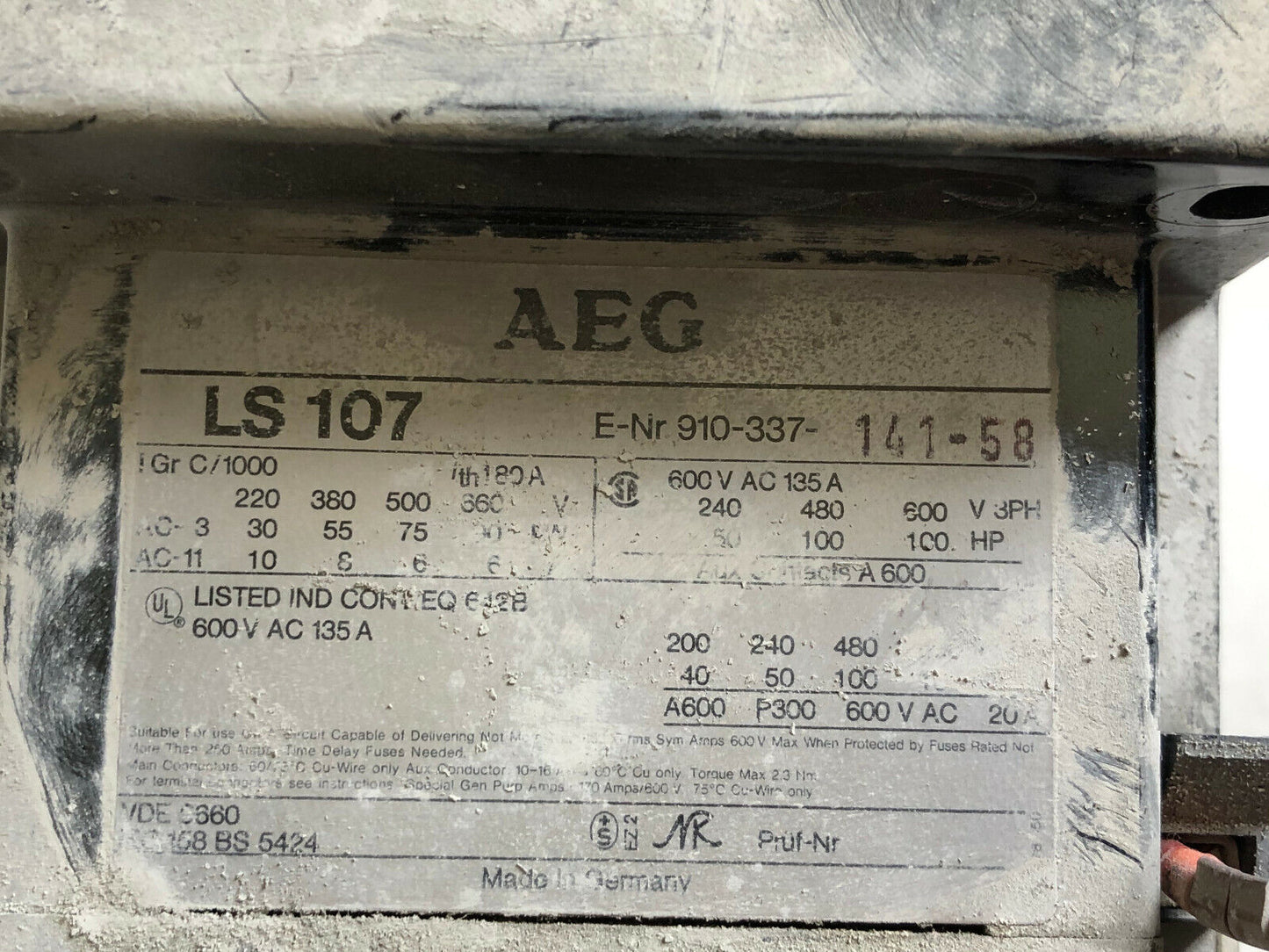 Aeg Ls 107 Contactor, 135 A, 600 V, 3-Pole  Hs107,Bs