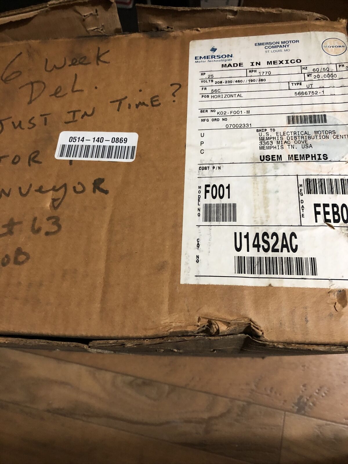 New Emerson U14s2ac F001 Motor, 1770-Rpm,230/460Vac,F001 6203-2Zjc3, .25-Hp,De