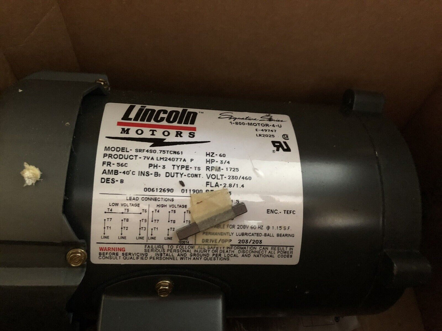 New Lincoln Motors Srf4s0.75Tcn61,75Tcn61 Lm24077 3/4Hp 3Ph,7Va Lm24077a P,Tb,Eg