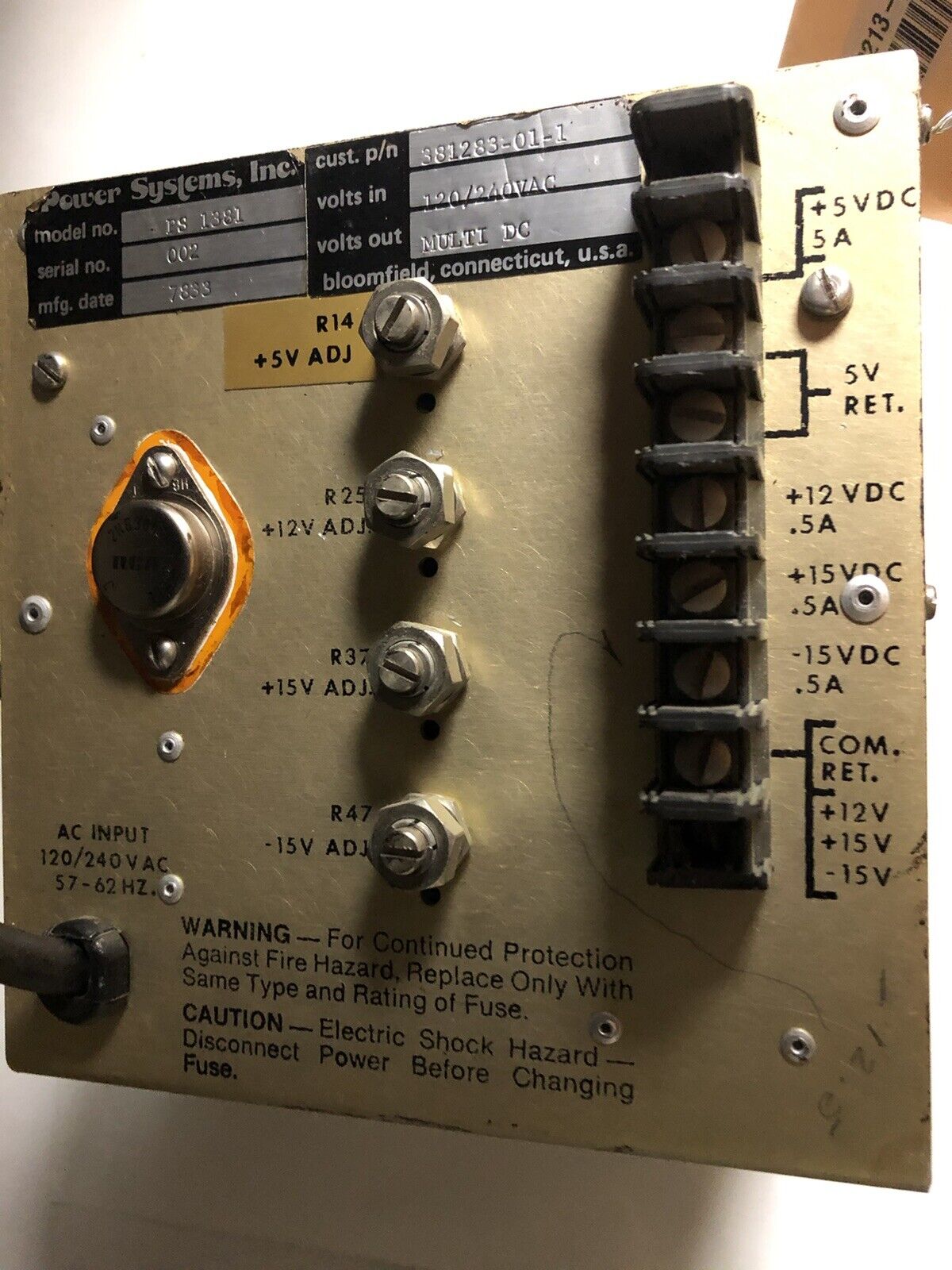 Power Systems Ps-1381 Multi-Dc Power Supply,120/240 Vac,Ps 1381,381283-01-1,Ex