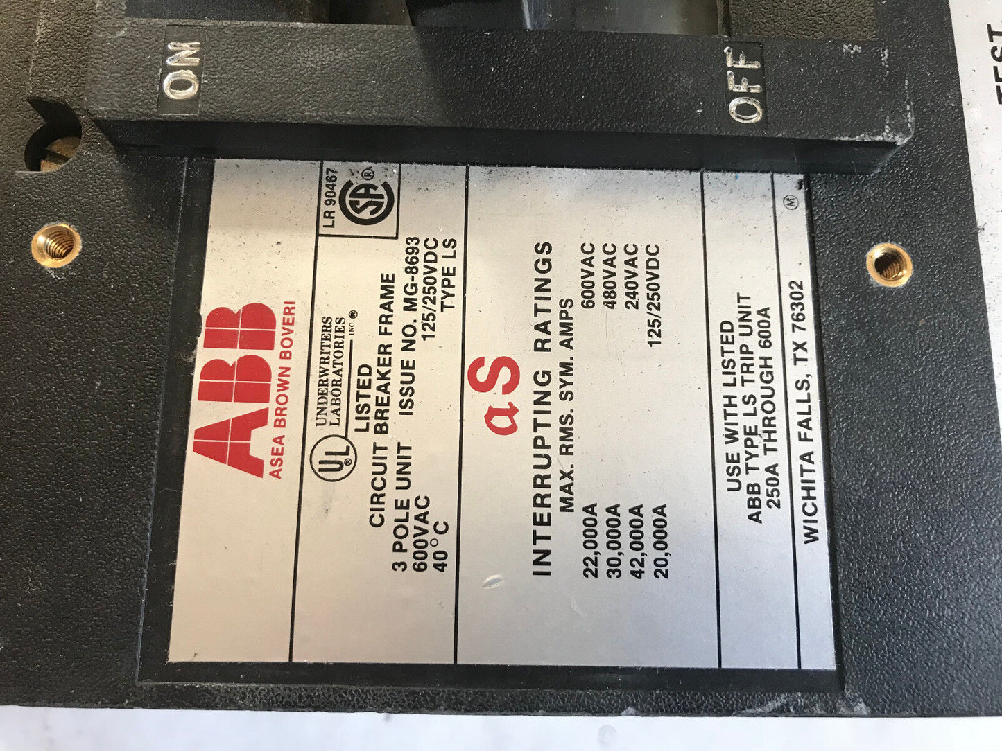 Abb Tl1400,Abb Ls,Abb Tl1600,Circuit Breaker,3 Pole 600A 600Vac 125/250Vdc,Sa