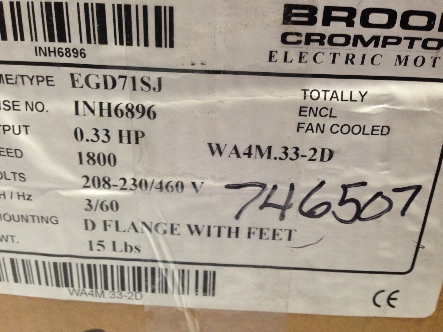 Brook Crompton Wa4m.33-2D Ac Motor,0.33-Hp,Eq071sj 1680-Rpm,3Ph,Egd71sj,1800,De
