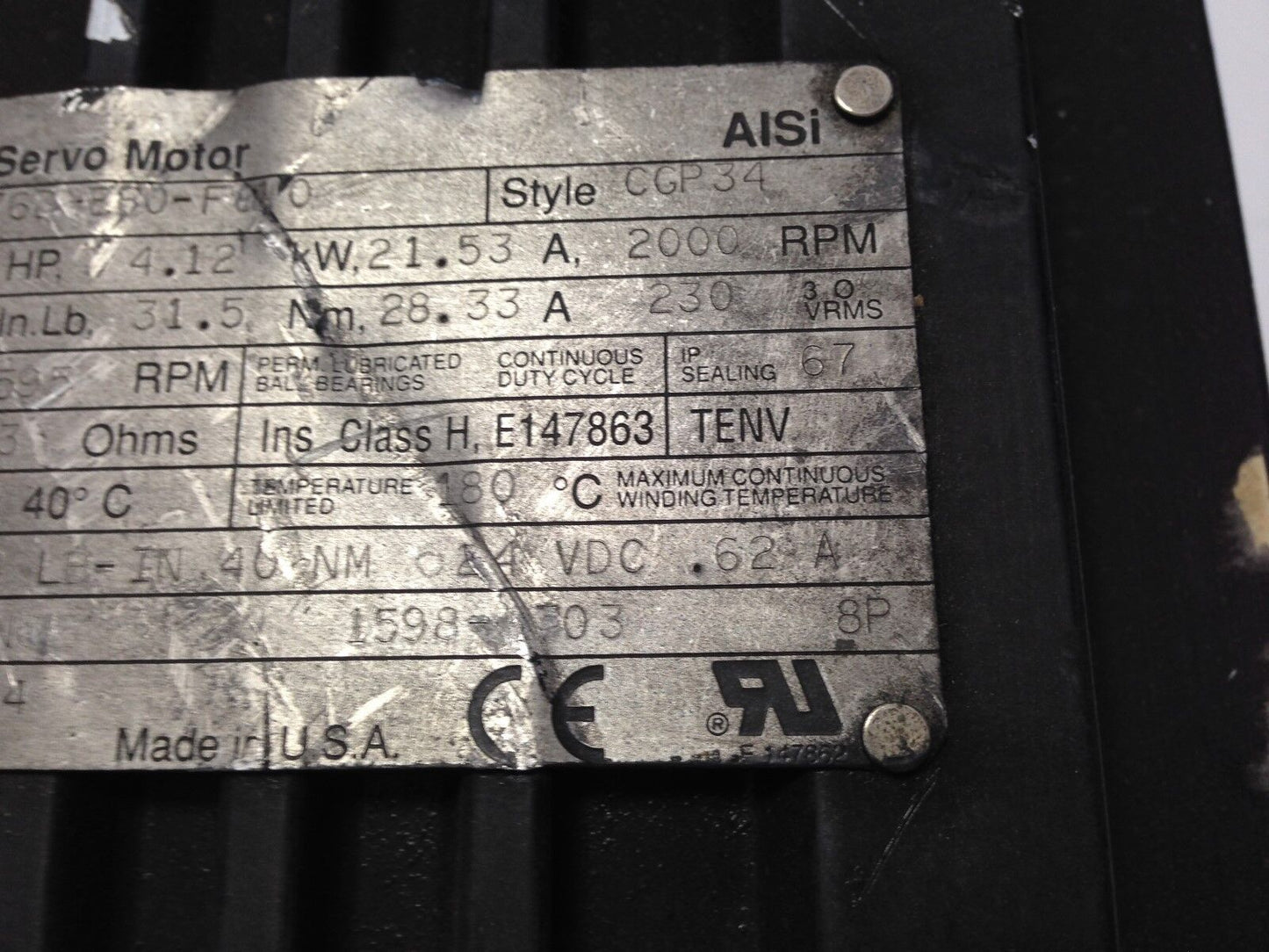 Alsi Modicon S76d-E00-F010 Ac Servo Motor, 5.52Hp,230Vac,2595-Rpm Ccp34,Te