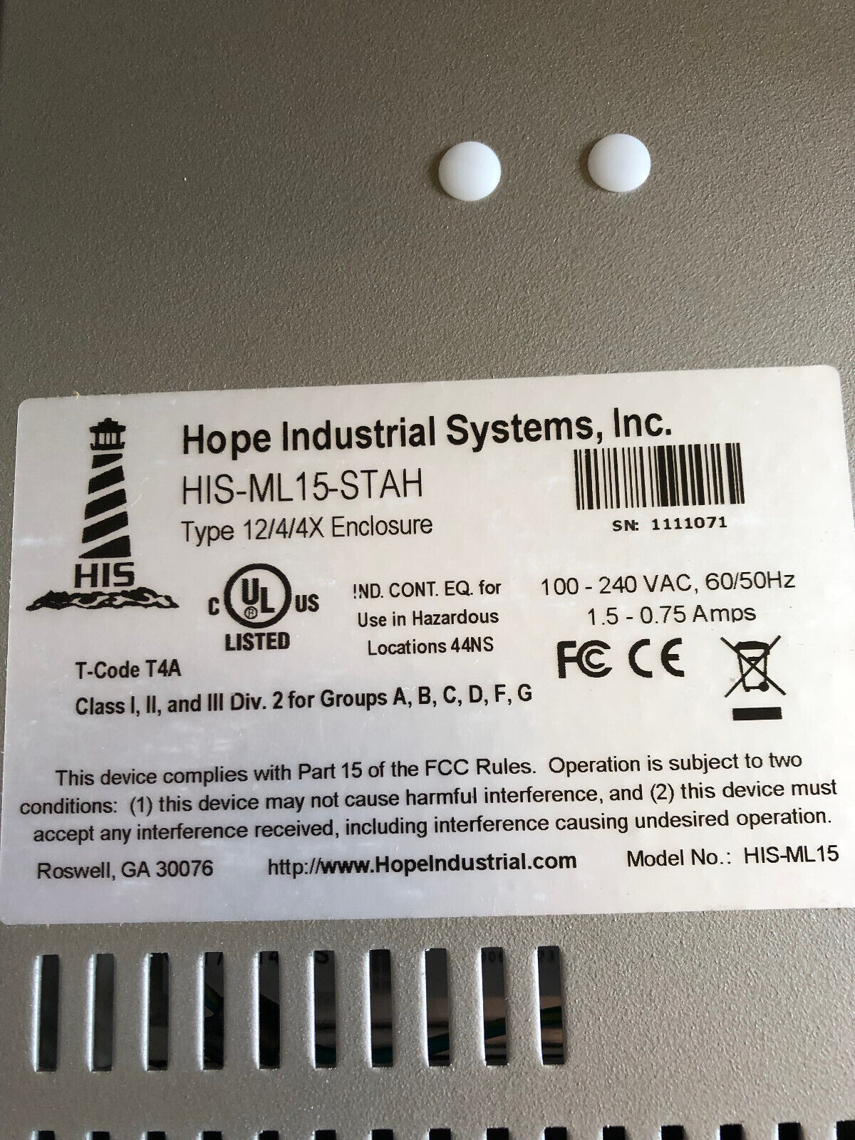 New Hope Industrial Systems His-Ml15-Stah Operstor Interfsce,H1s Ml15 Stah,Ay