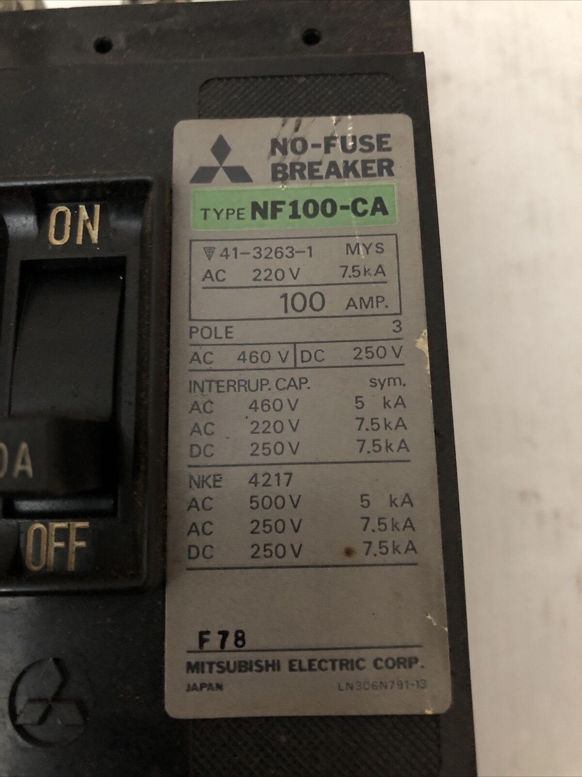 Mitsubishi Nf100-Ca 3 Pole, 250Vdc/460Vac 100A Circuit Breaker,Ct