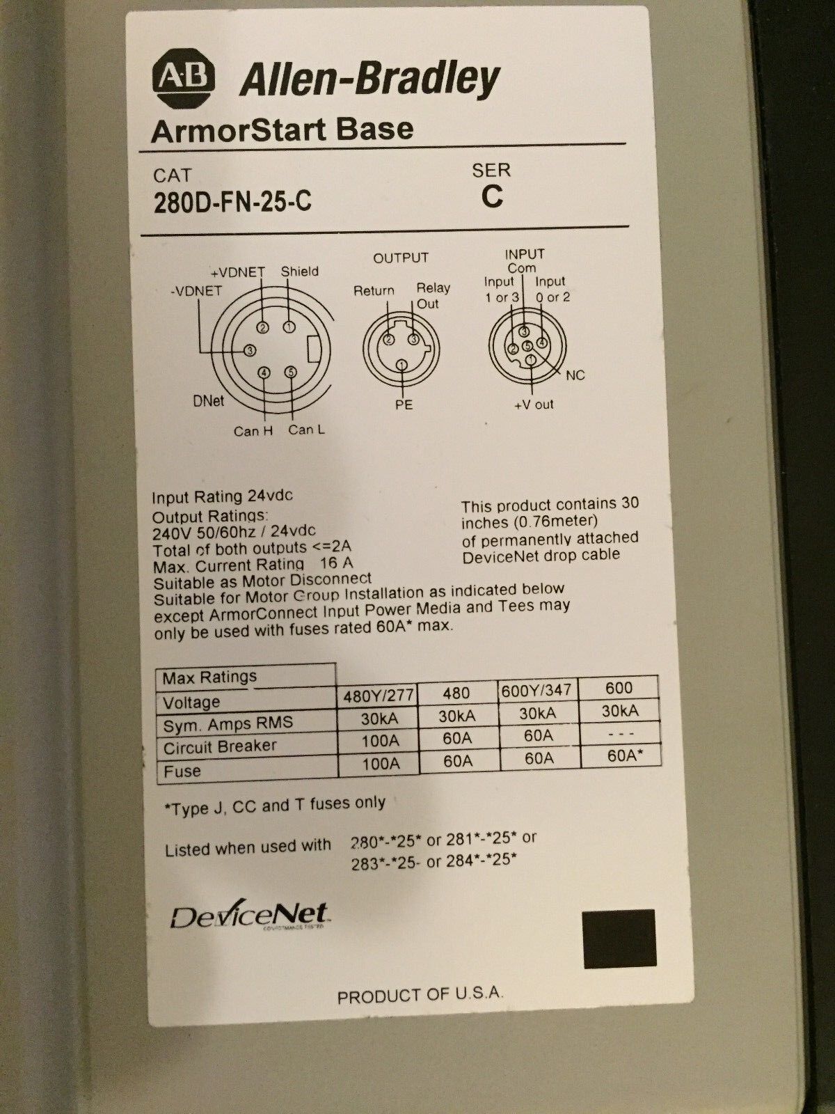 New Allen Bradley 284D-Fhd6p0d-25-Cr-3 Drive,280D-Fn-25-C,Armorstart 6Amp,Fa
