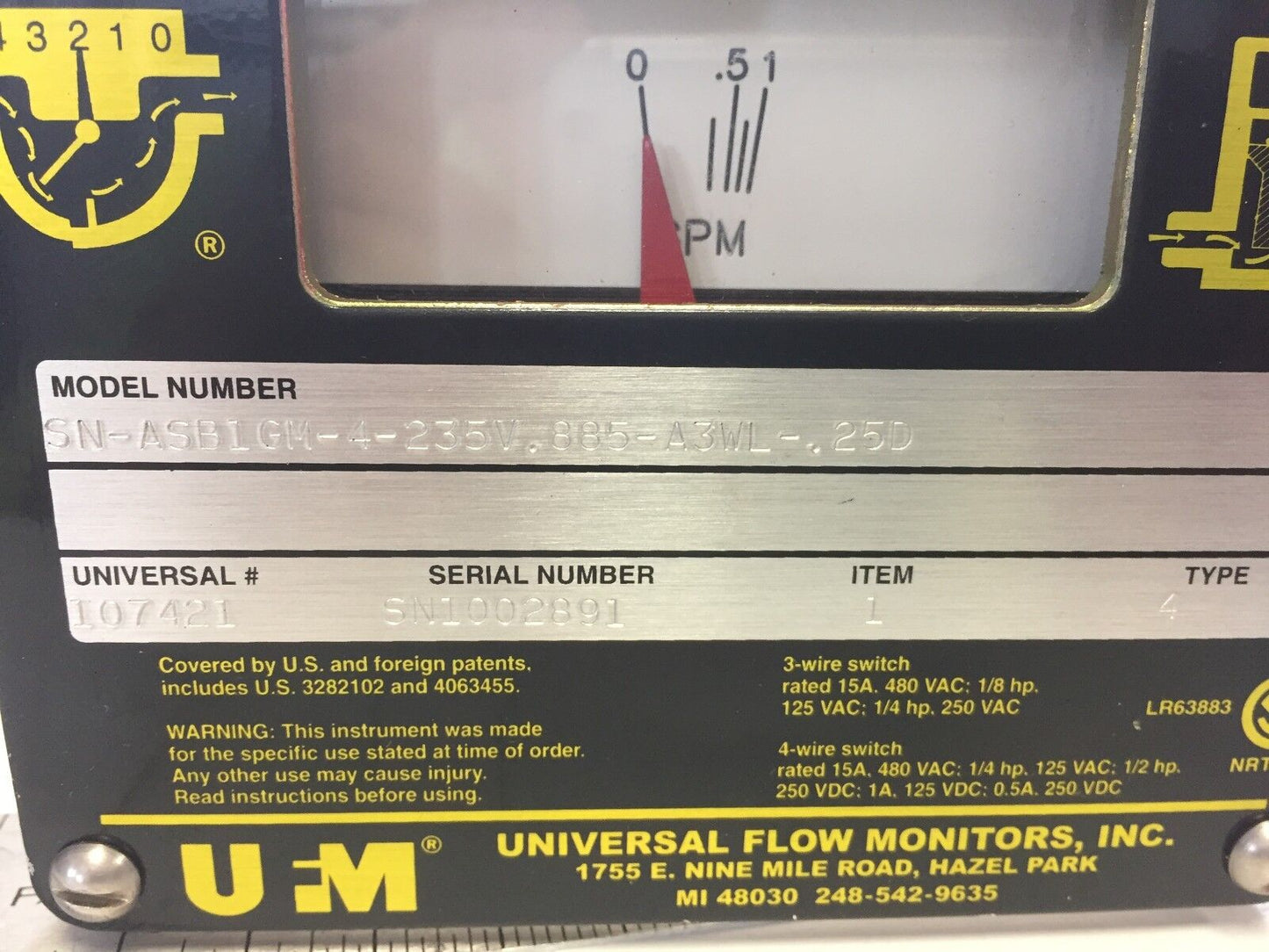Ufm Sn-Asb1gm-4-235V.885-A3wl-.25D Flow Monitor,1/2" Npt Type4,Sn Asb1gm 4 ,Ee