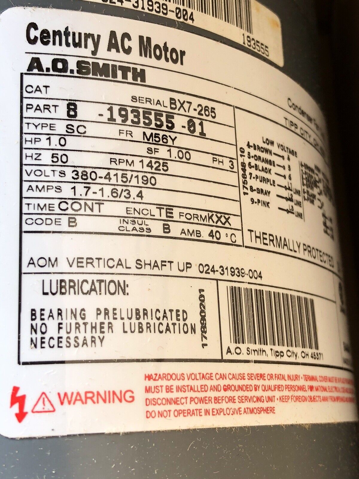 New A.O. Smith 8-193555-01 Motor M56y 1Hp 1425Rpm 380/415Vac 50Hz 3Ph Cond,Aj