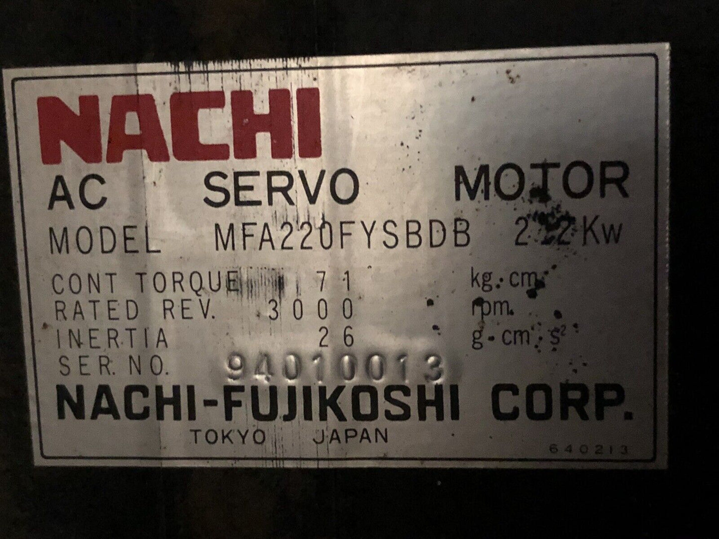 Nachi-Fujikoshi Nachi Mfa220fysbdb Ac Servo Motor, 2.2 Kw, Rpm: 3000,Tb