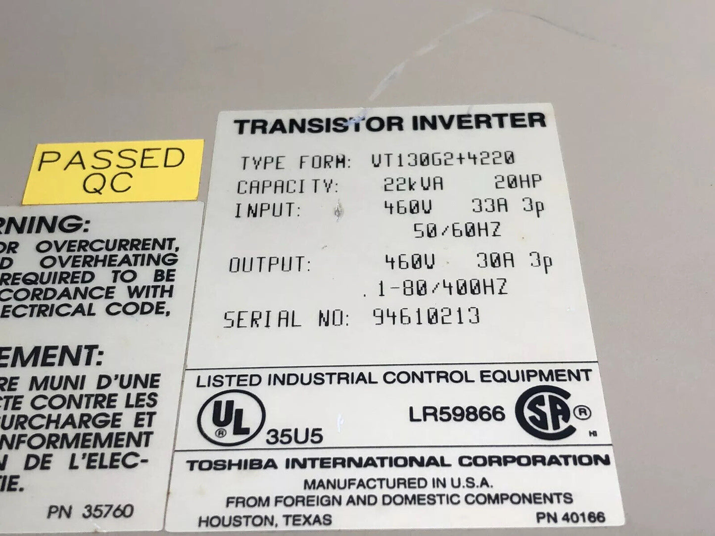 Vt130g2+4220 Toshiba 20Hp 460V 3Ph Tosvert-130G2+Transistor Inverter Ac Drive,Te