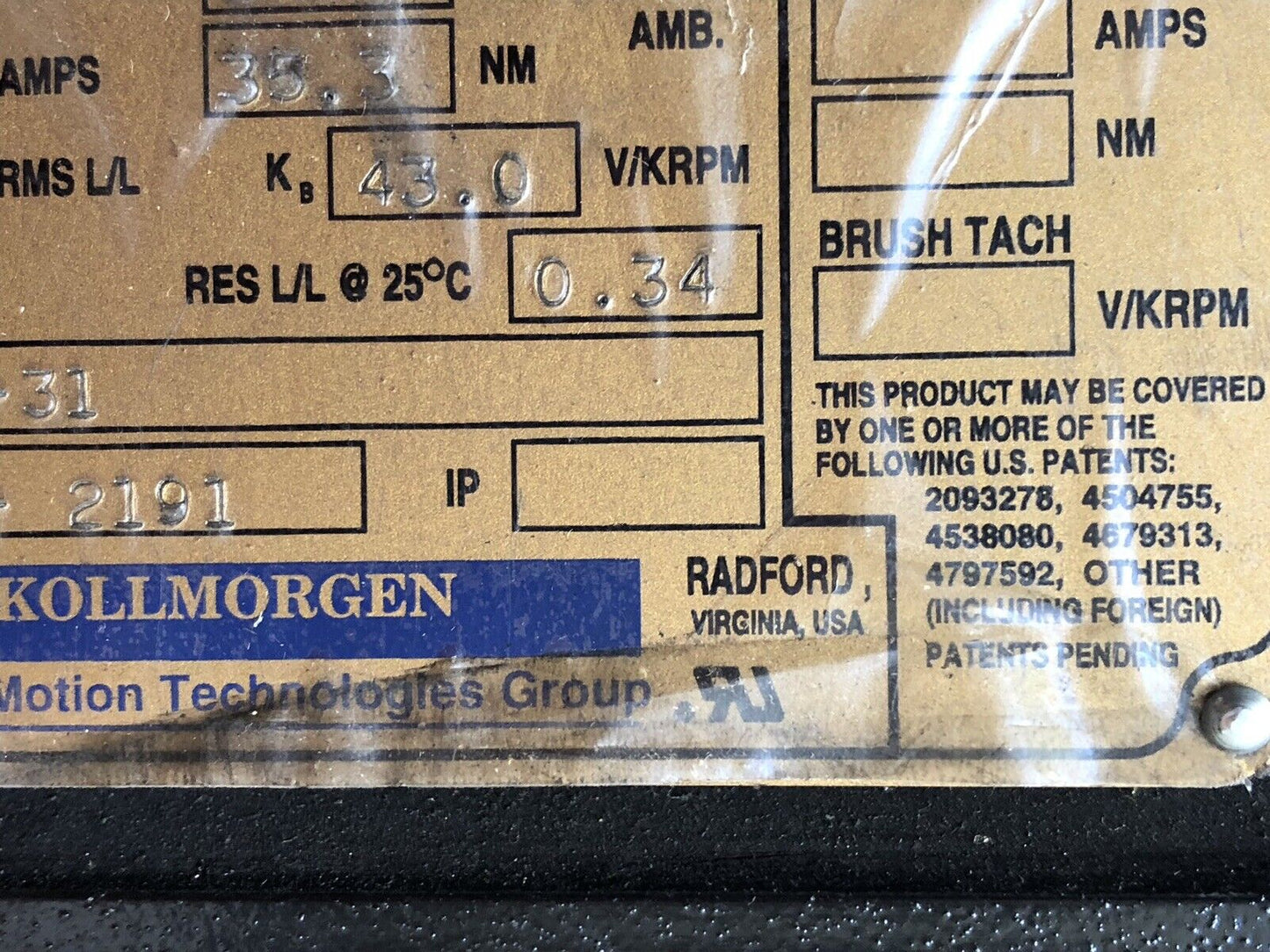 New Kollmorgen B-404-C-31 Goldline Ac Servo Motor, 230 Vac, 5000 Rpm,Th