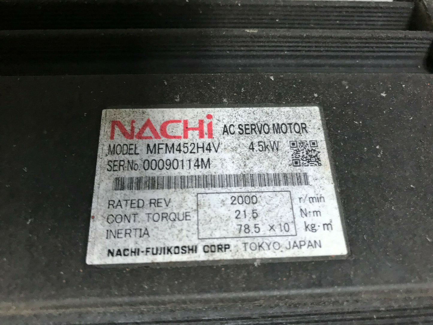 Nachi Mfm452h4v Ac Servo Motor. 4.5Kw, 2000Rpm, 21.5Nm,Sn