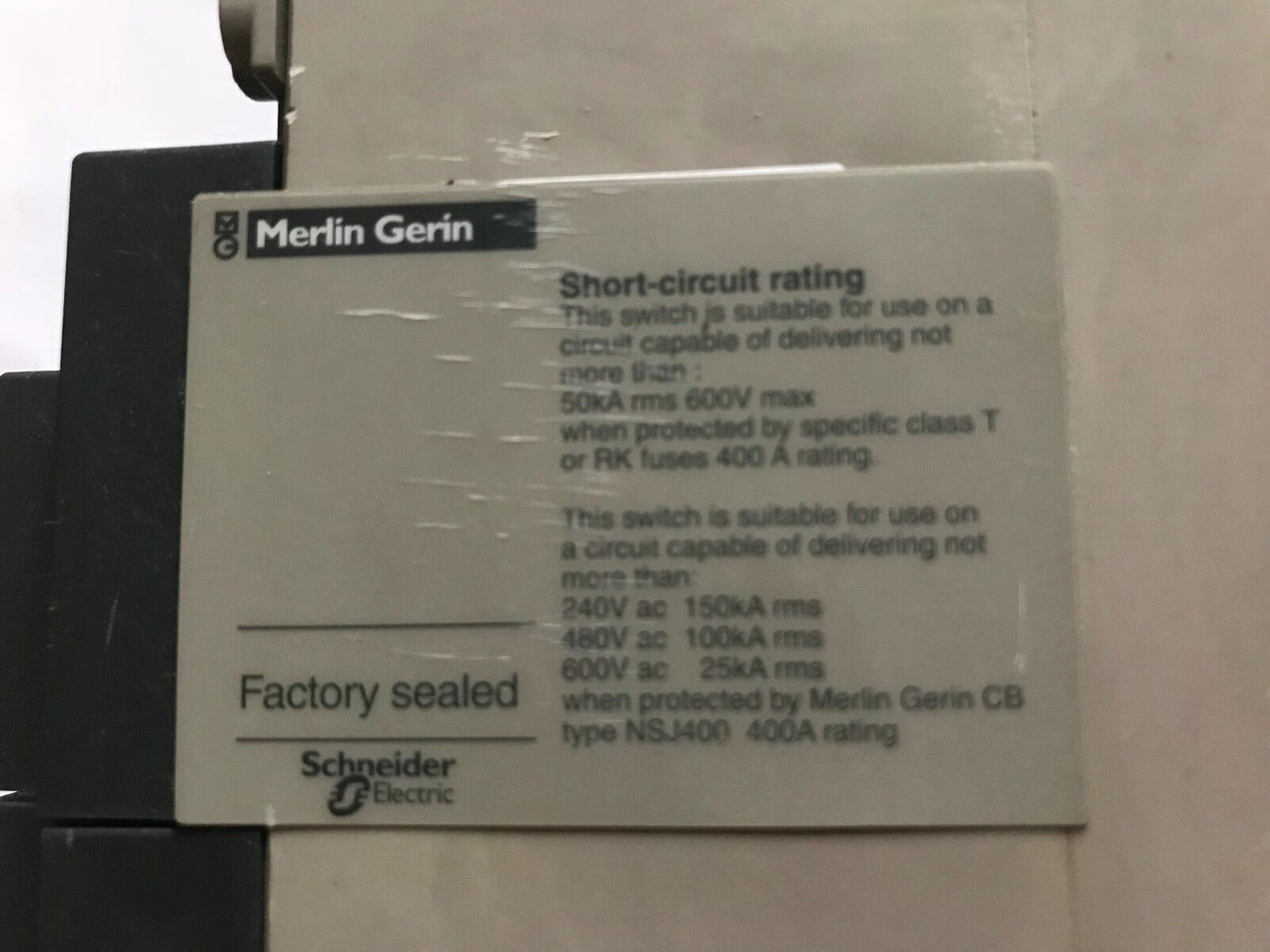 Merlin Gerin Insj 400-400A E103740 Interpact Case Circuit Breaker 400A 600Vac,Ei