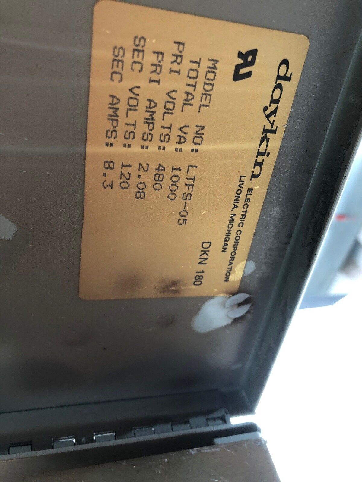 Daykin Ltfs-05 Transformer Disconnect Dkn180, 1000Va, 480V, 2.08A, 120V, 8.3A,Ar