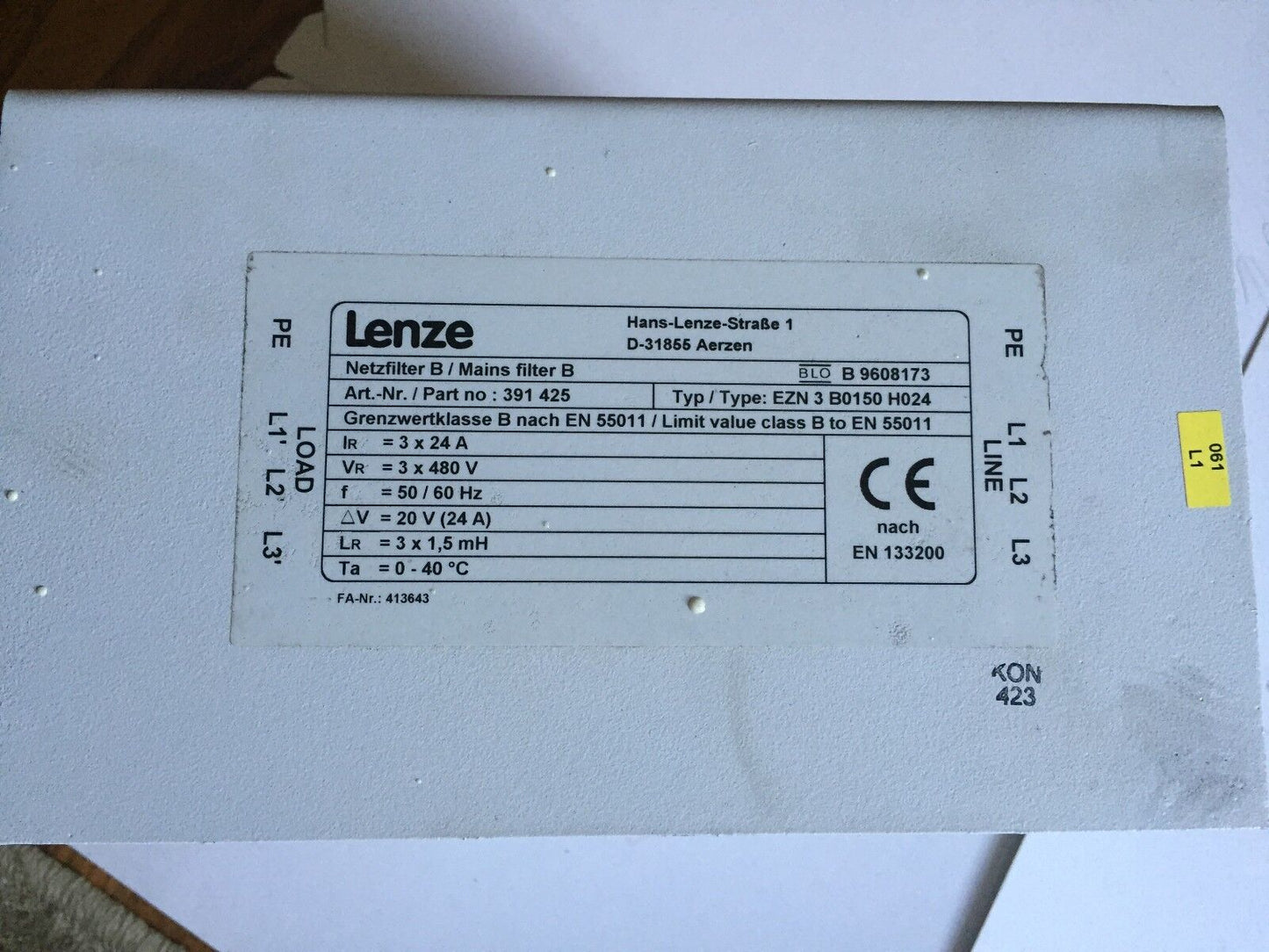 Lenze Ezn 3 B0150 H024,391 425,En 133200,D-31855 Aerzen Main Filter,Ap
