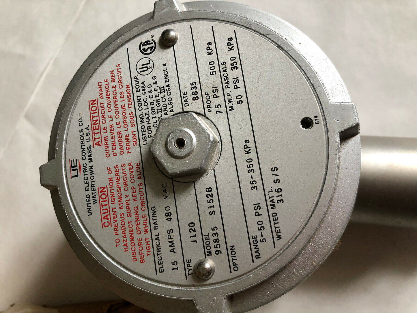 3/4" United Electric 95835 S152b,1/50# Spdt Xprf # Sw;Ss Bellow,J120 Valve,Cg